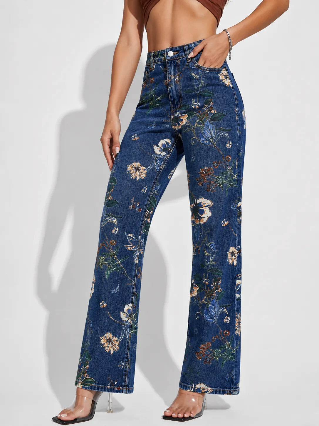 Women Floral Print Wide Leg Straight Denim Jeans
