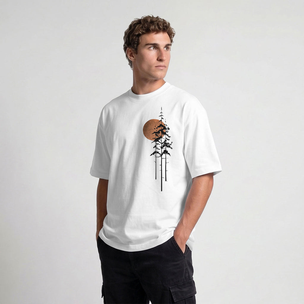 Retro Sunset Pine Tree Print Cotton T-Shirt