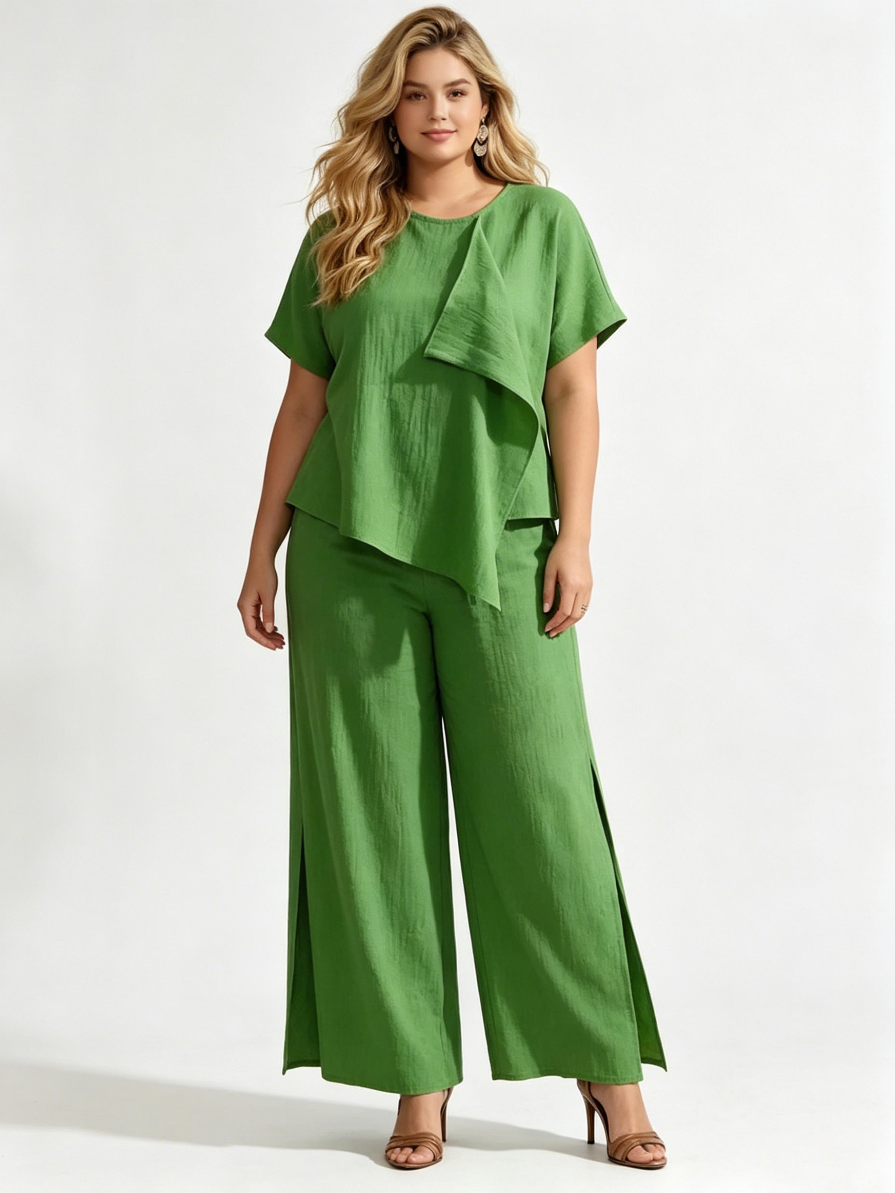 Round Neck Irregular Top Split Wide-leg Pants Set