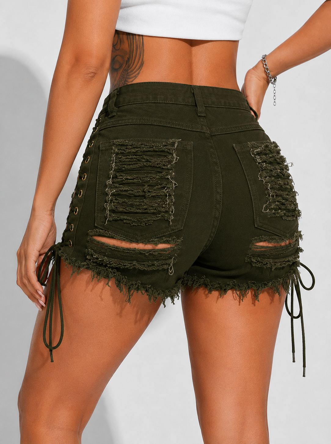 Women's Ripped Side-Banded Stretch Denim Shorts