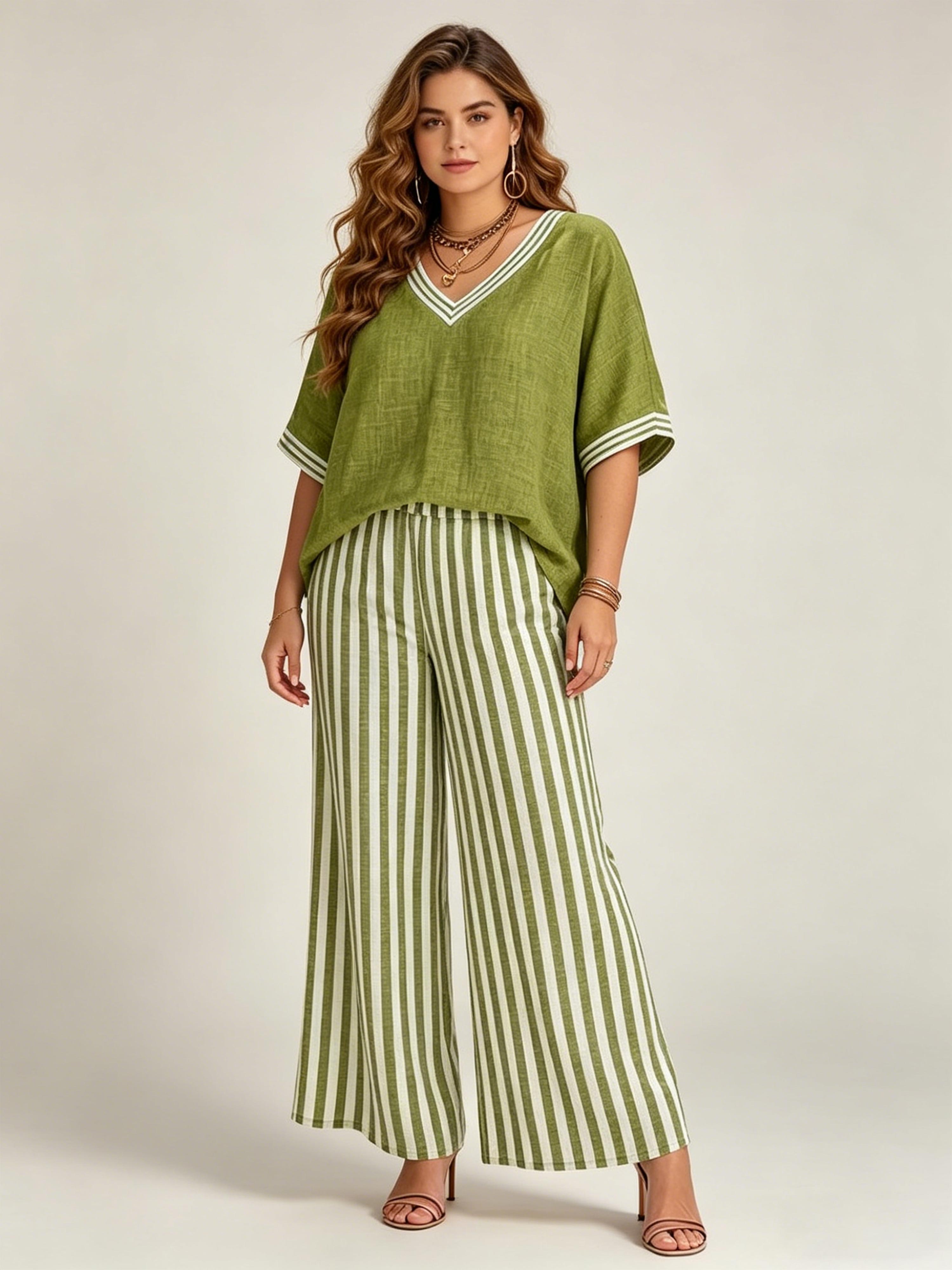 Elegant Cotton-Linen Striped Casual Breathable Set