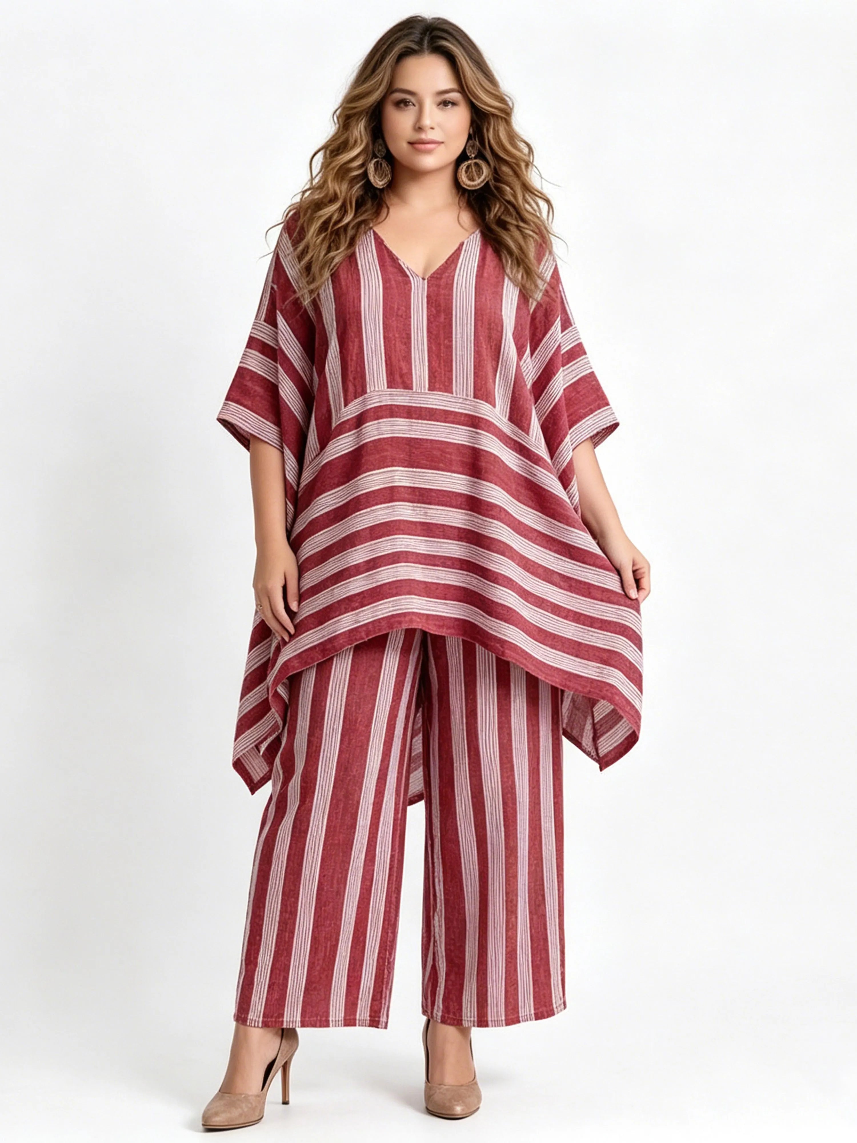 Stylish and Trendy V-Neck Loose-Fit Striped Casual Two-Piece Set