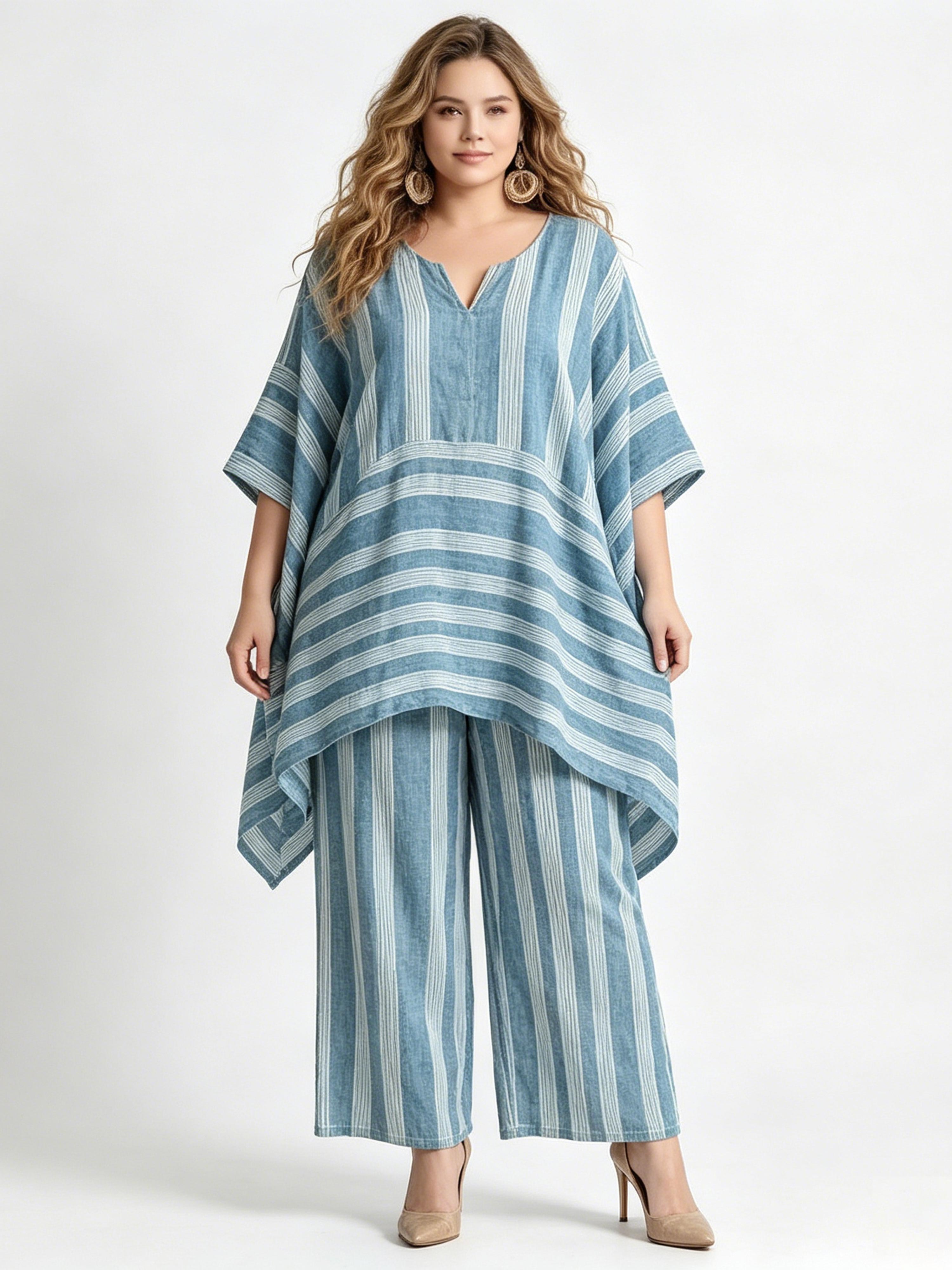 Stylish and Trendy V-Neck Loose-Fit Striped Casual Two-Piece Set