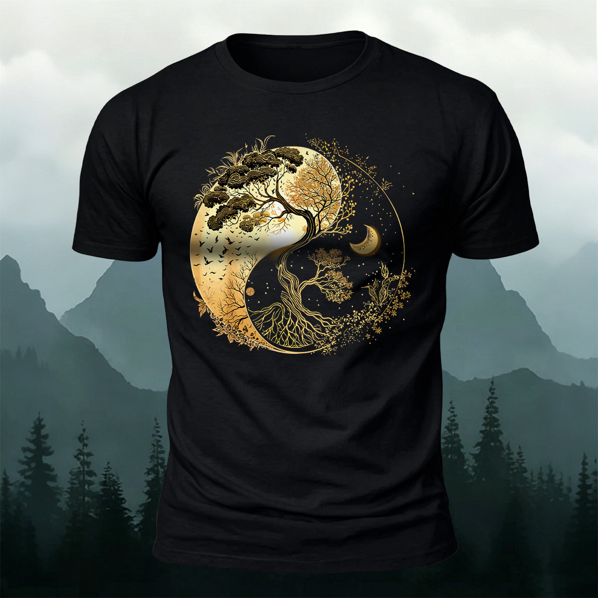 Yin-Yang Tai Chi Tree Design Casual Cotton T-Shirt