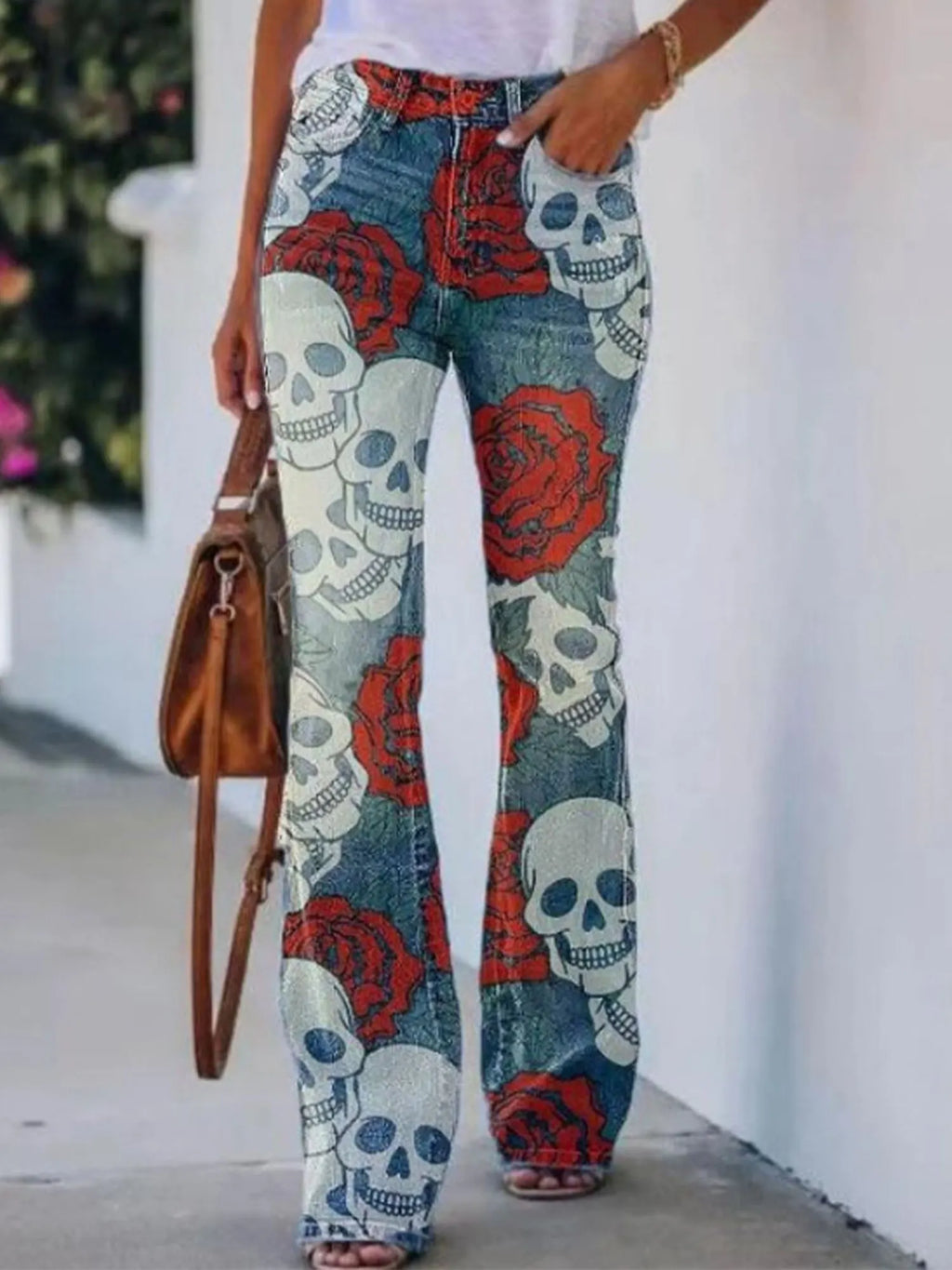 Women's Faux-Denim Pants with Stylish Skull and Red Floral Print