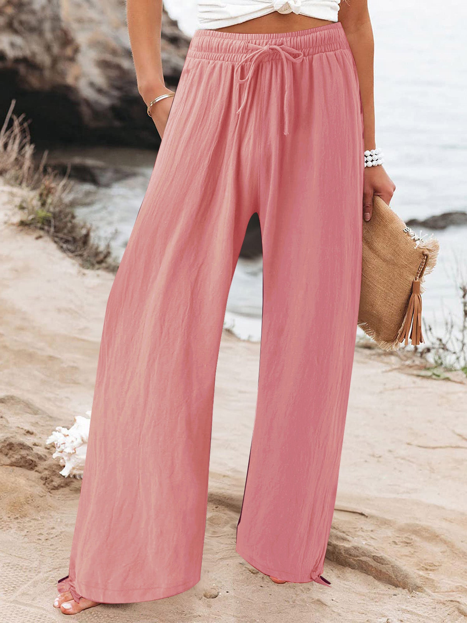 Elastic-Waist Casual Solid-Color Wide-Leg Pants