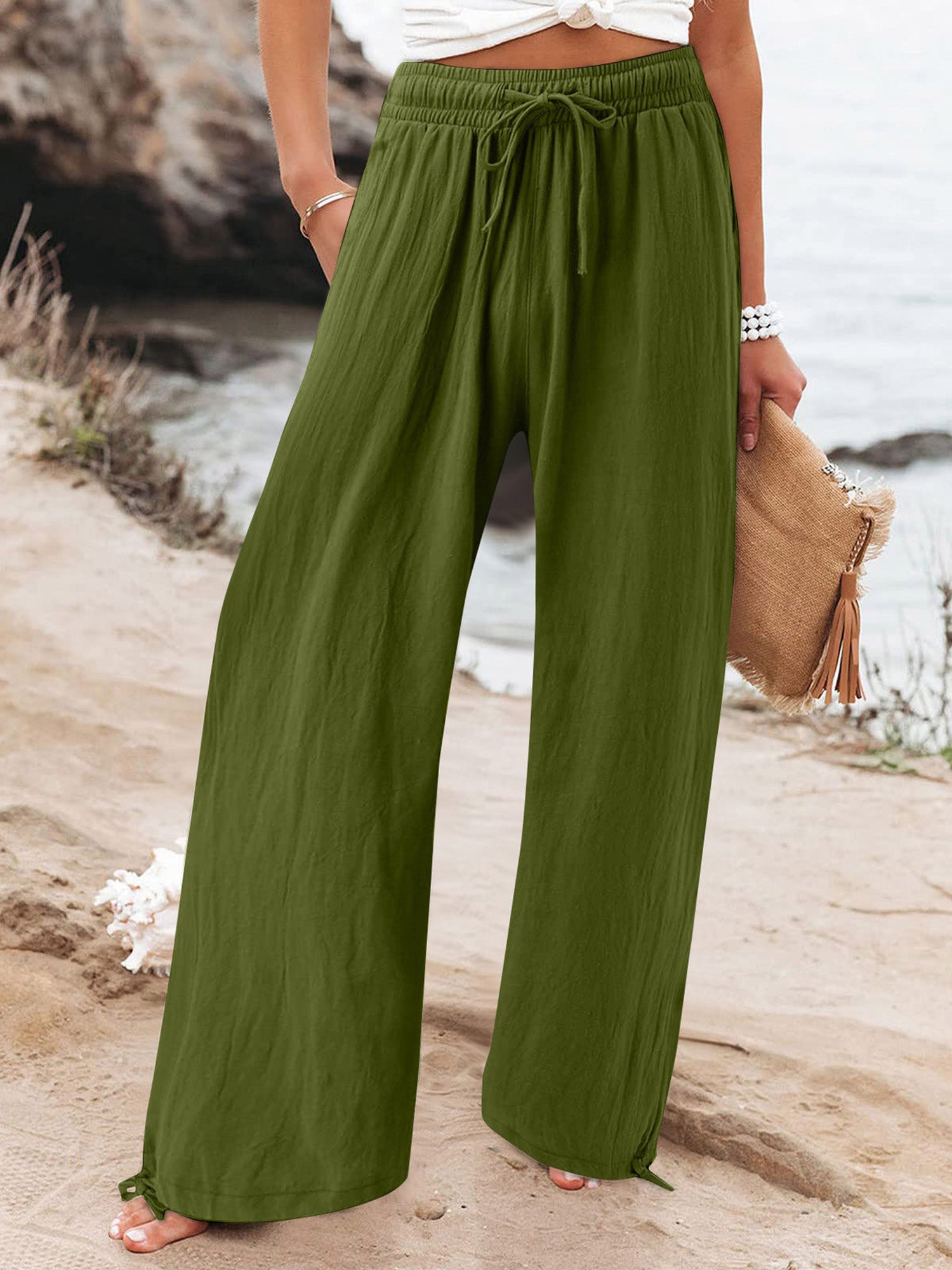 Elastic-Waist Casual Solid-Color Wide-Leg Pants