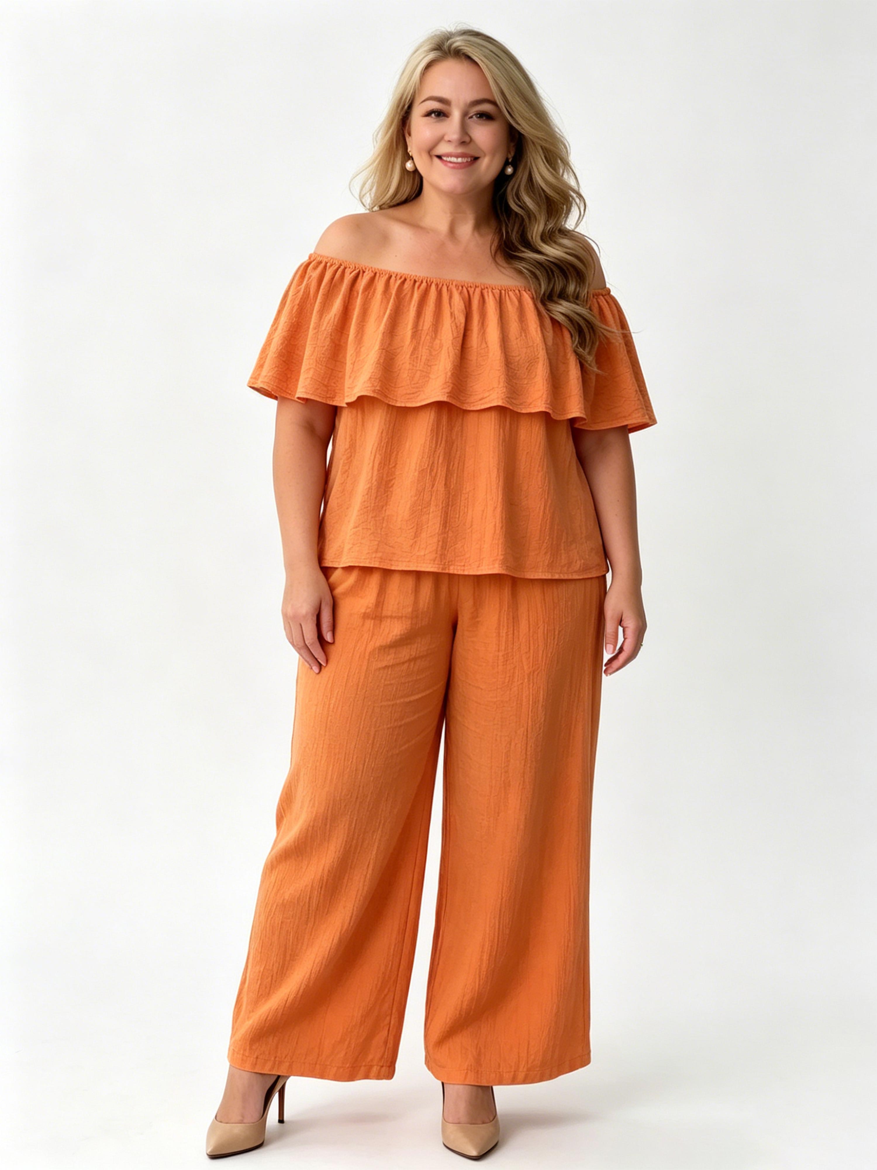 Off-the-shoulder Ruffled Top and Wide-leg Pants Casual Vacation Set