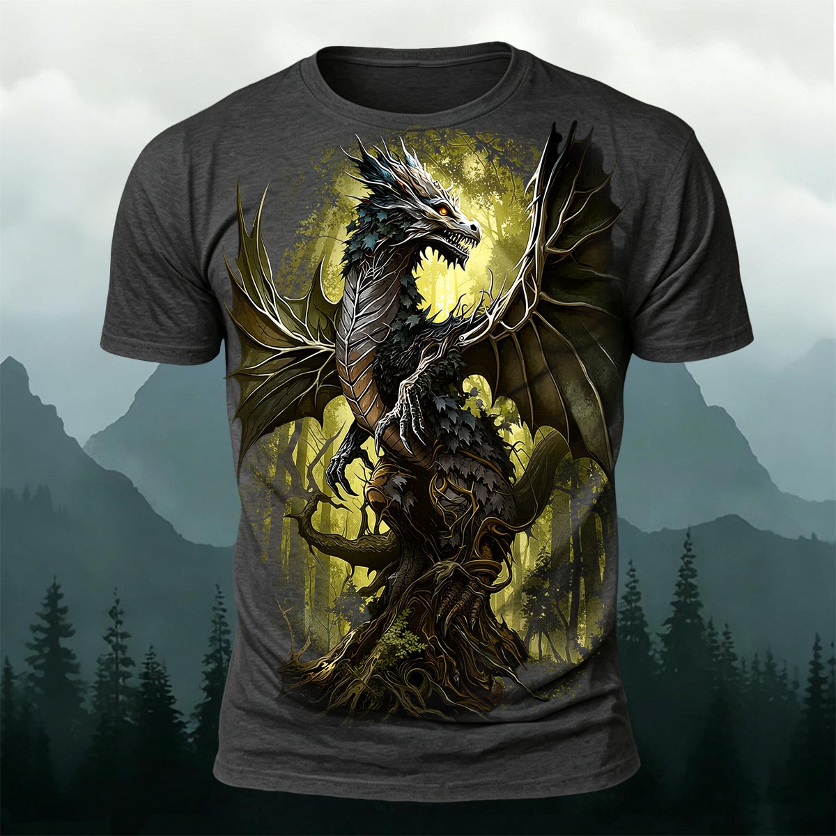 Retro Forest Dragon Print Outdoor T-Shirt