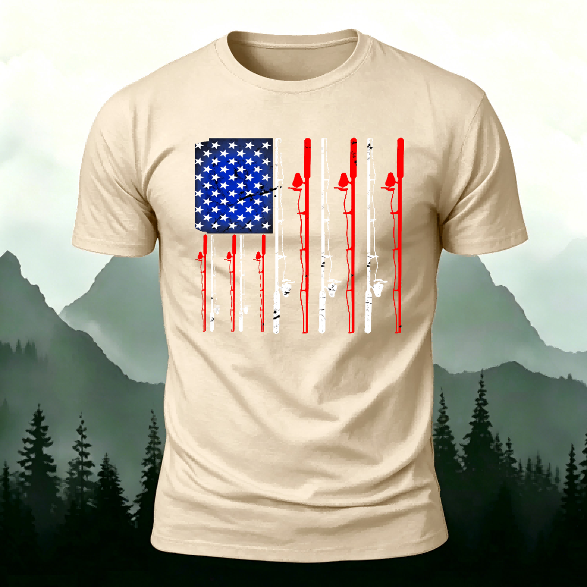 American-style Fishing Rod Pattern Cotton T-shirt