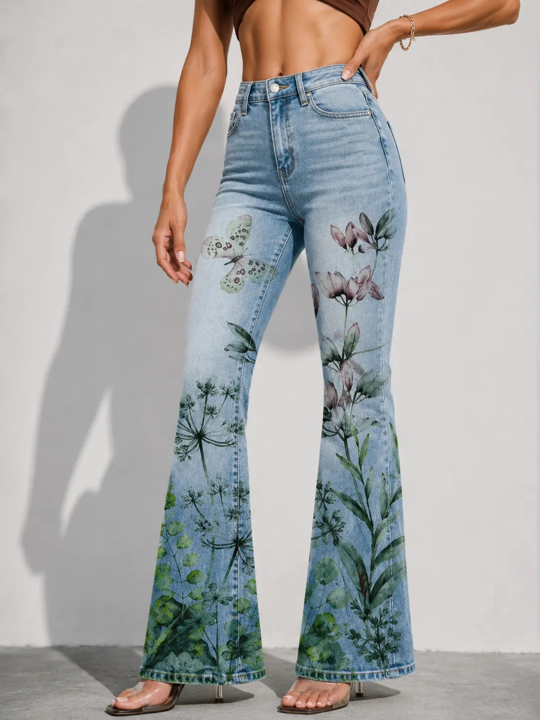 Women's Vintage-Style Floral Print Faux-Denim Trousers