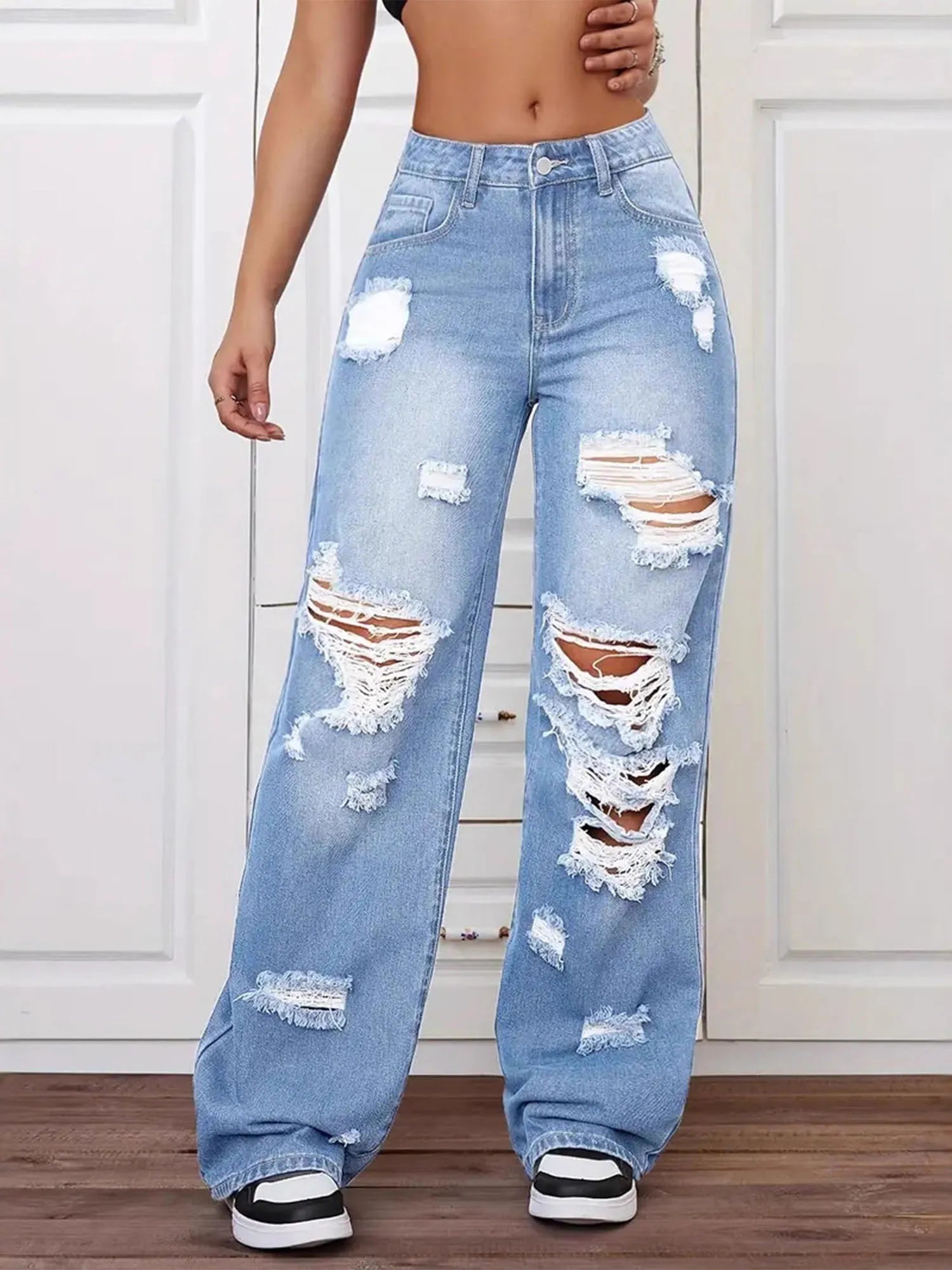 High Waist Straight Leg Versatile Loose Ripped Jeans