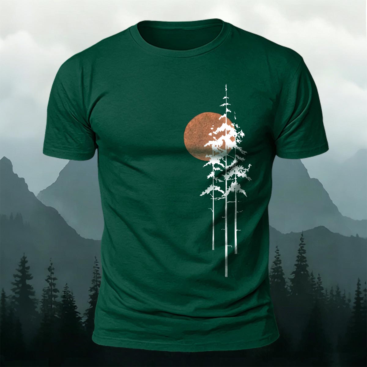Retro Sunset Pine Tree Print Cotton T-Shirt