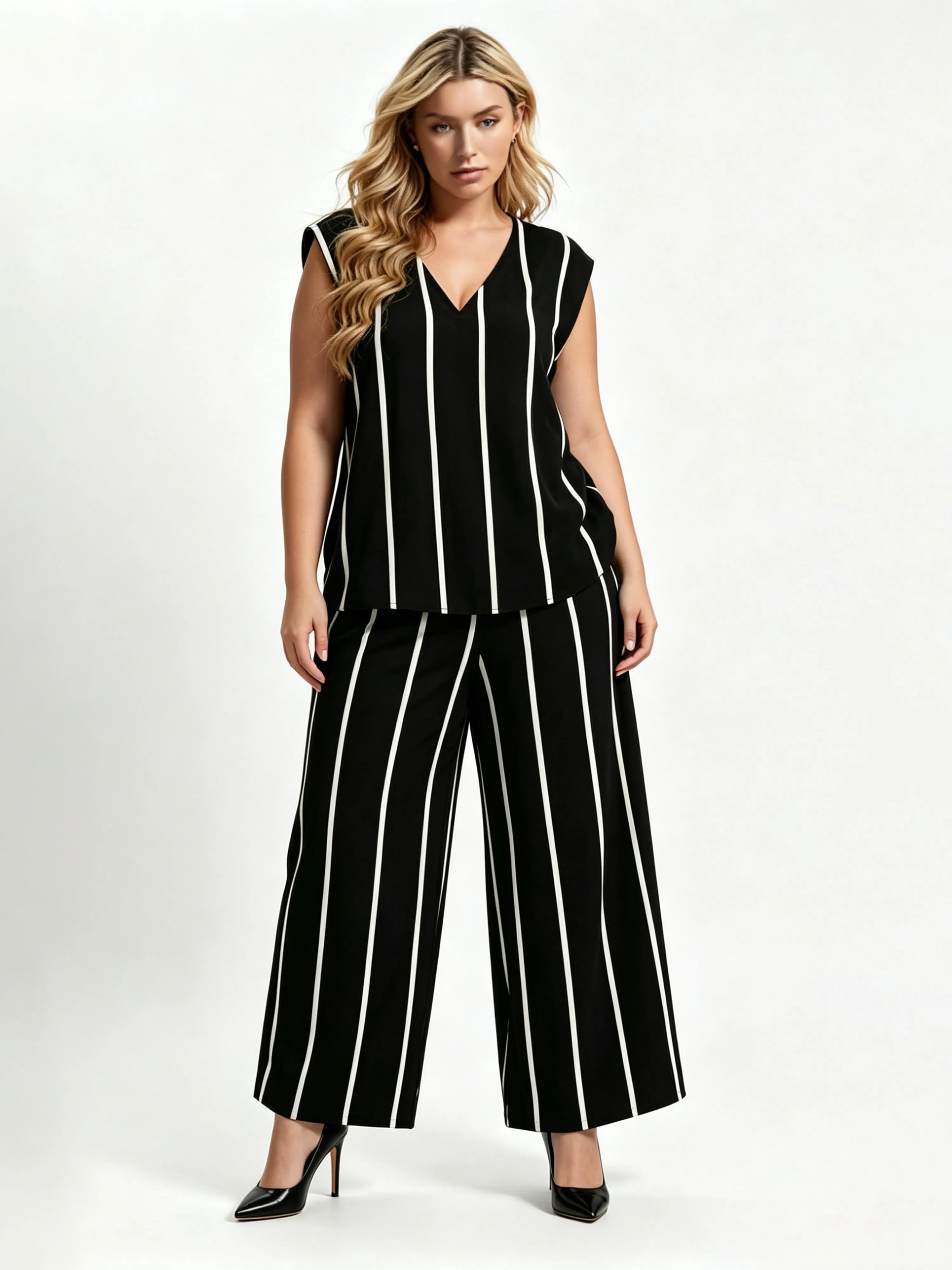 Loose-fitting Slimming Black-and-white Vertical-striped Cotton-linen Set