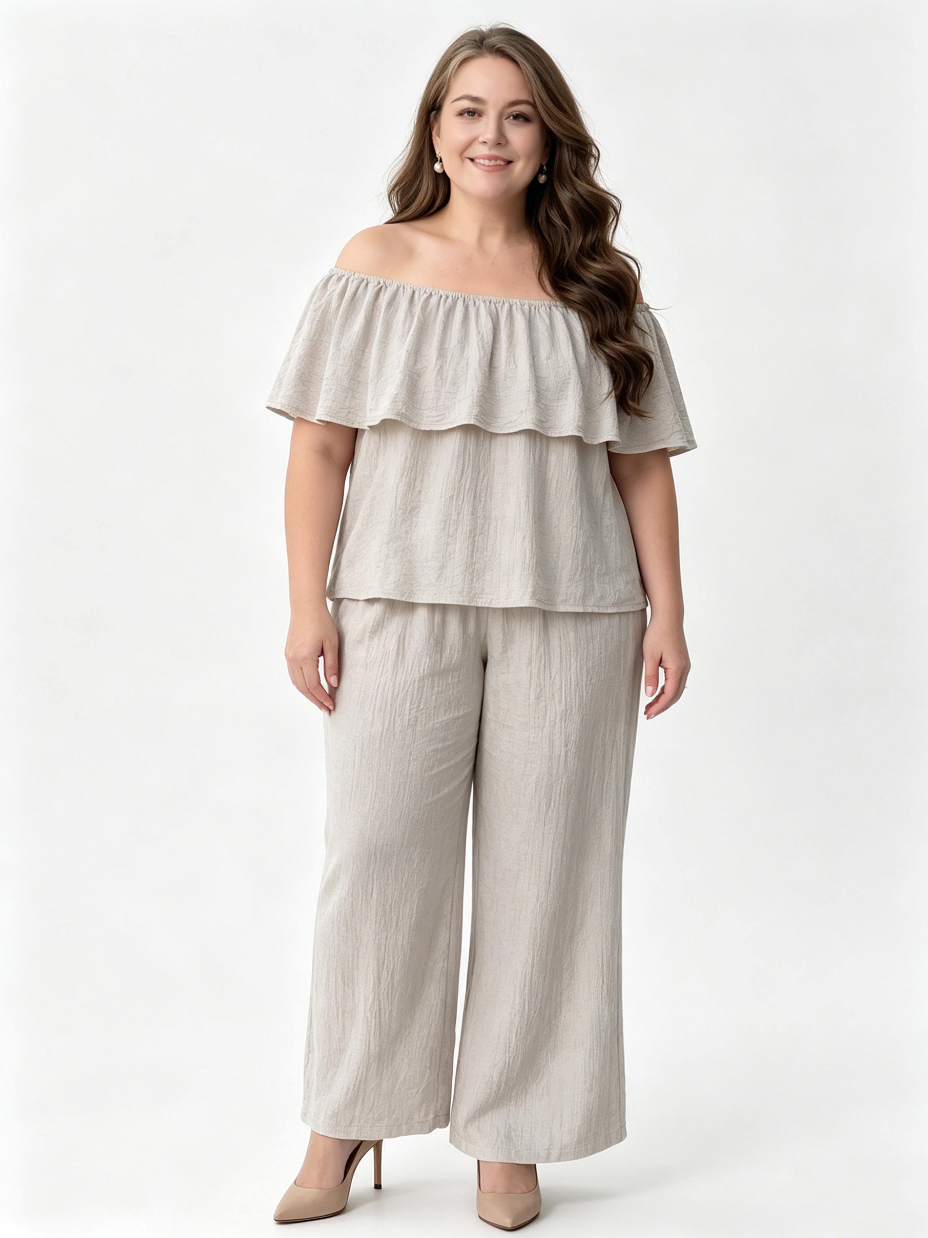 Off-the-shoulder Ruffled Top and Wide-leg Pants Casual Vacation Set