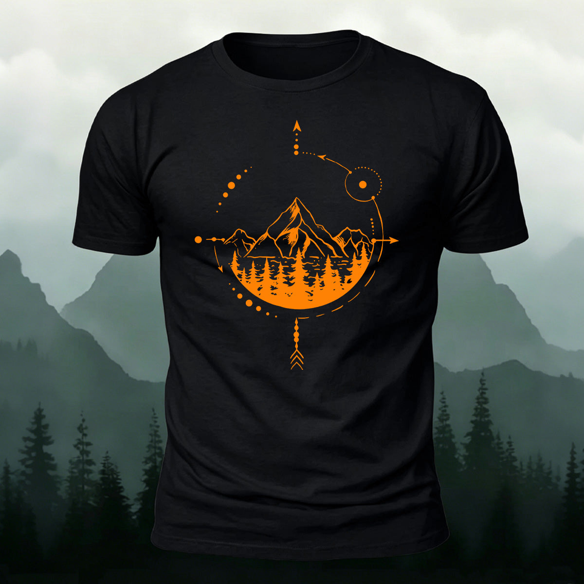 Mountain and Forest Print Combed Cotton Casual T-Shirt