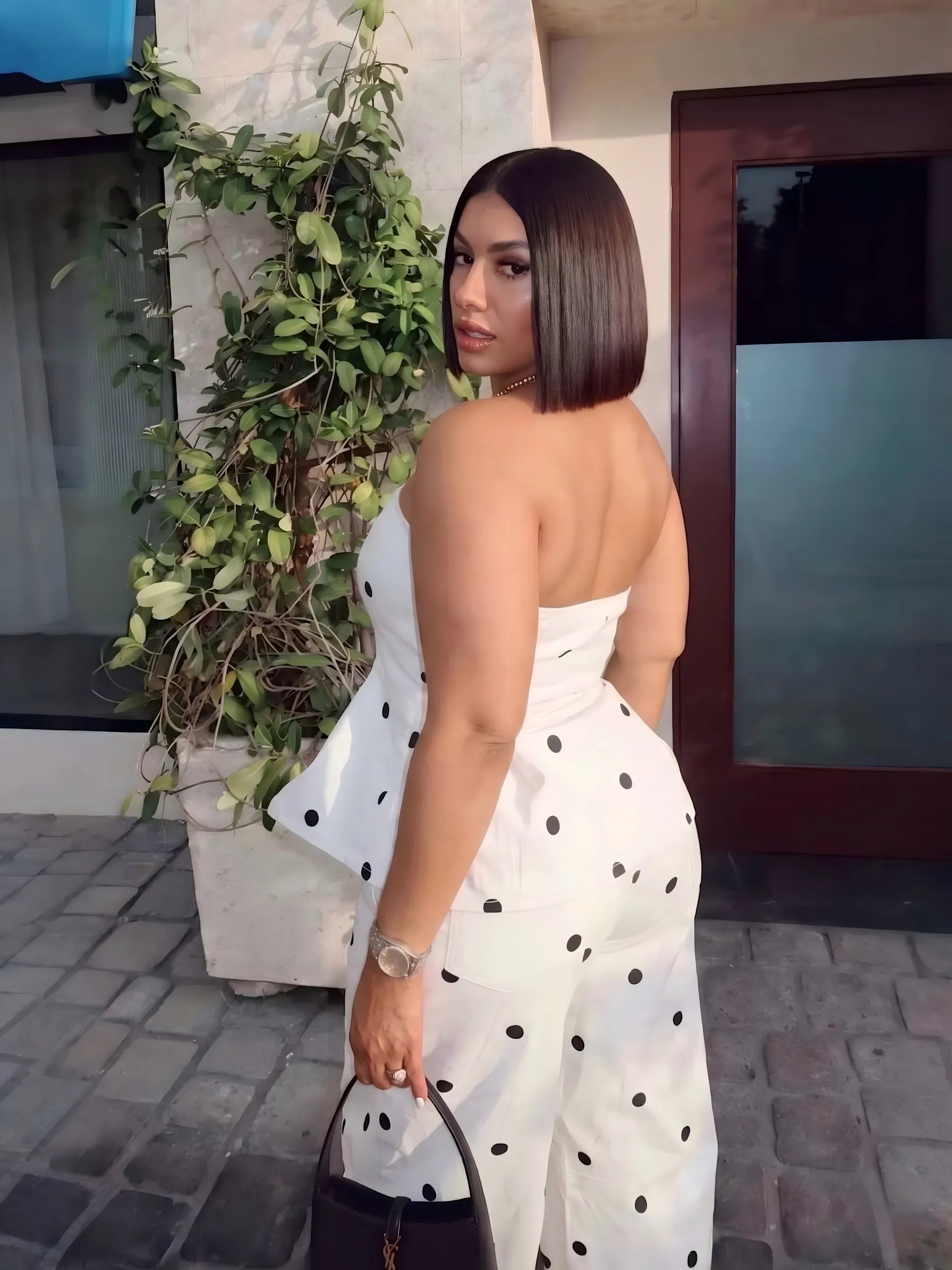 ⚪ Women's Elegant Polka Dot Strapless Peplum Top & Wide-Leg Pants Set