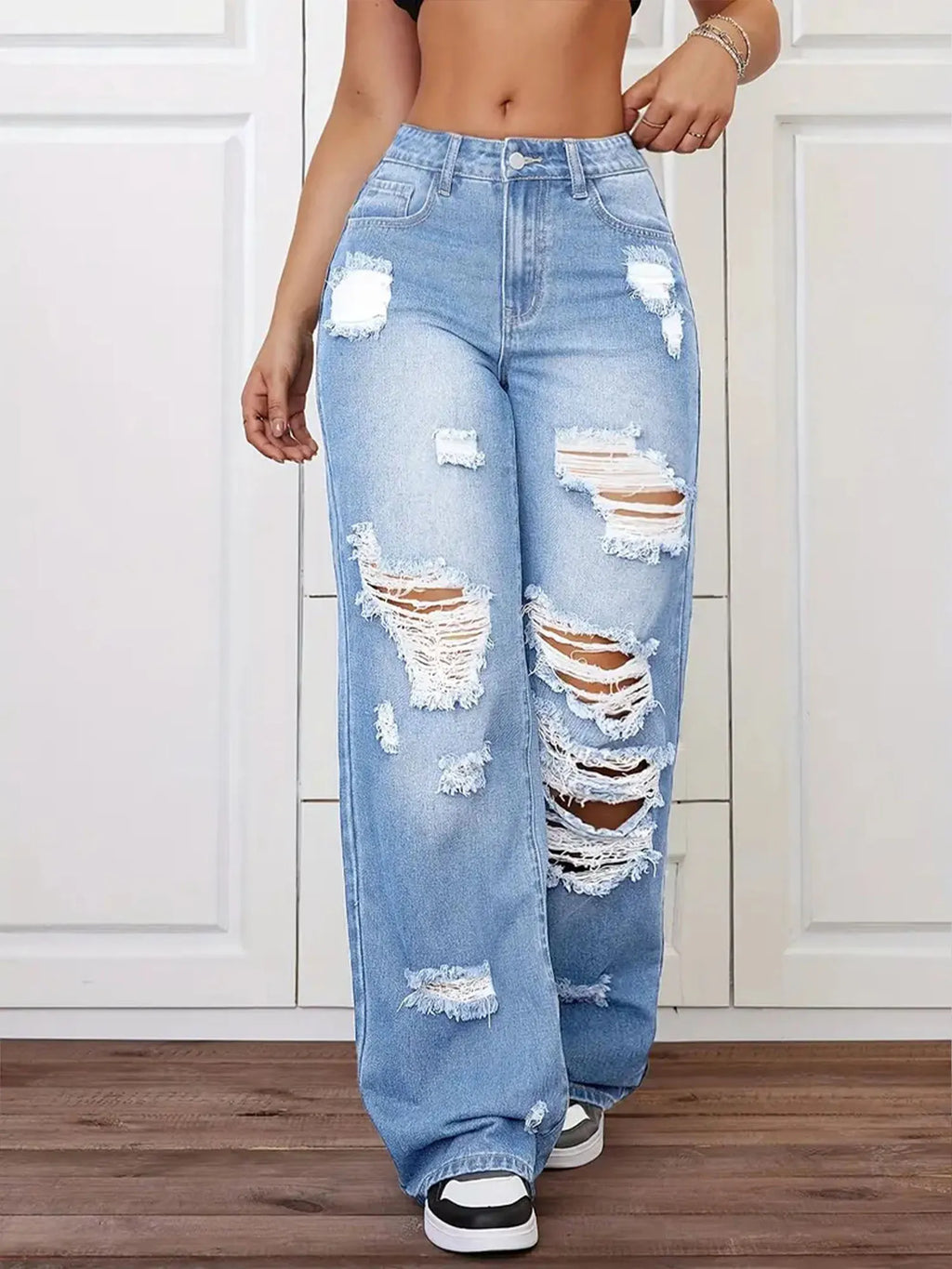 High Waist Straight Leg Versatile Loose Ripped Jeans