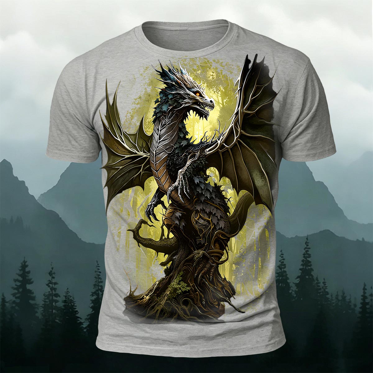 Retro Forest Dragon Print Outdoor T-Shirt