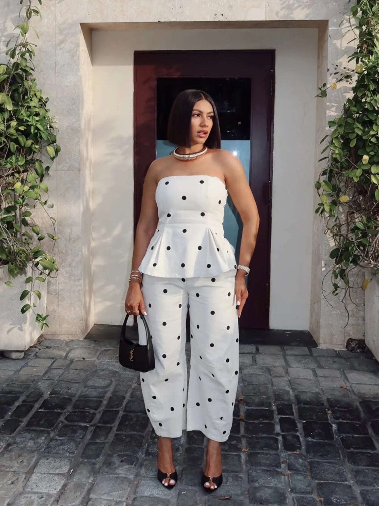 ⚪ Women's Elegant Polka Dot Strapless Peplum Top & Wide-Leg Pants Set