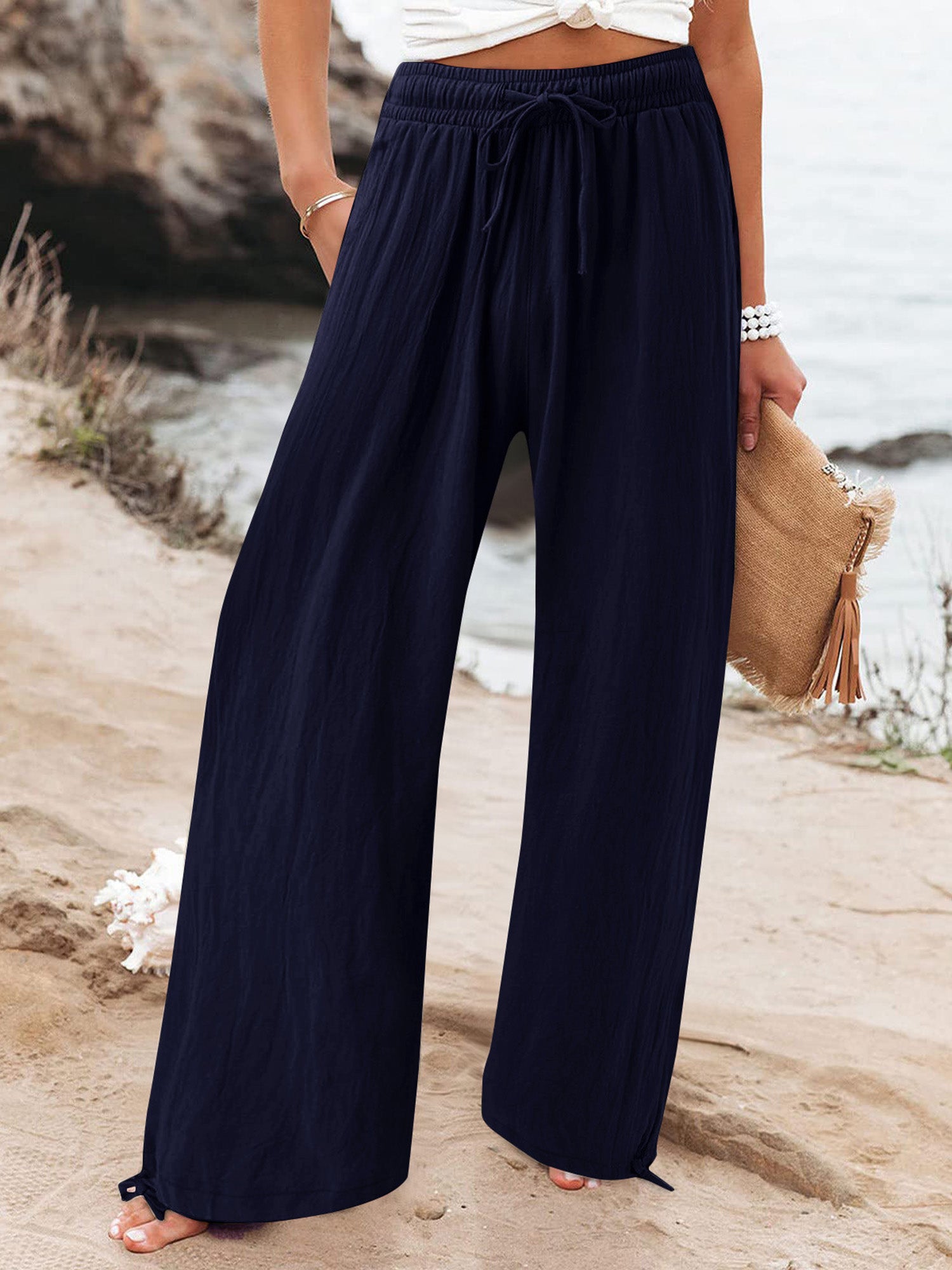 Elastic-Waist Casual Solid-Color Wide-Leg Pants