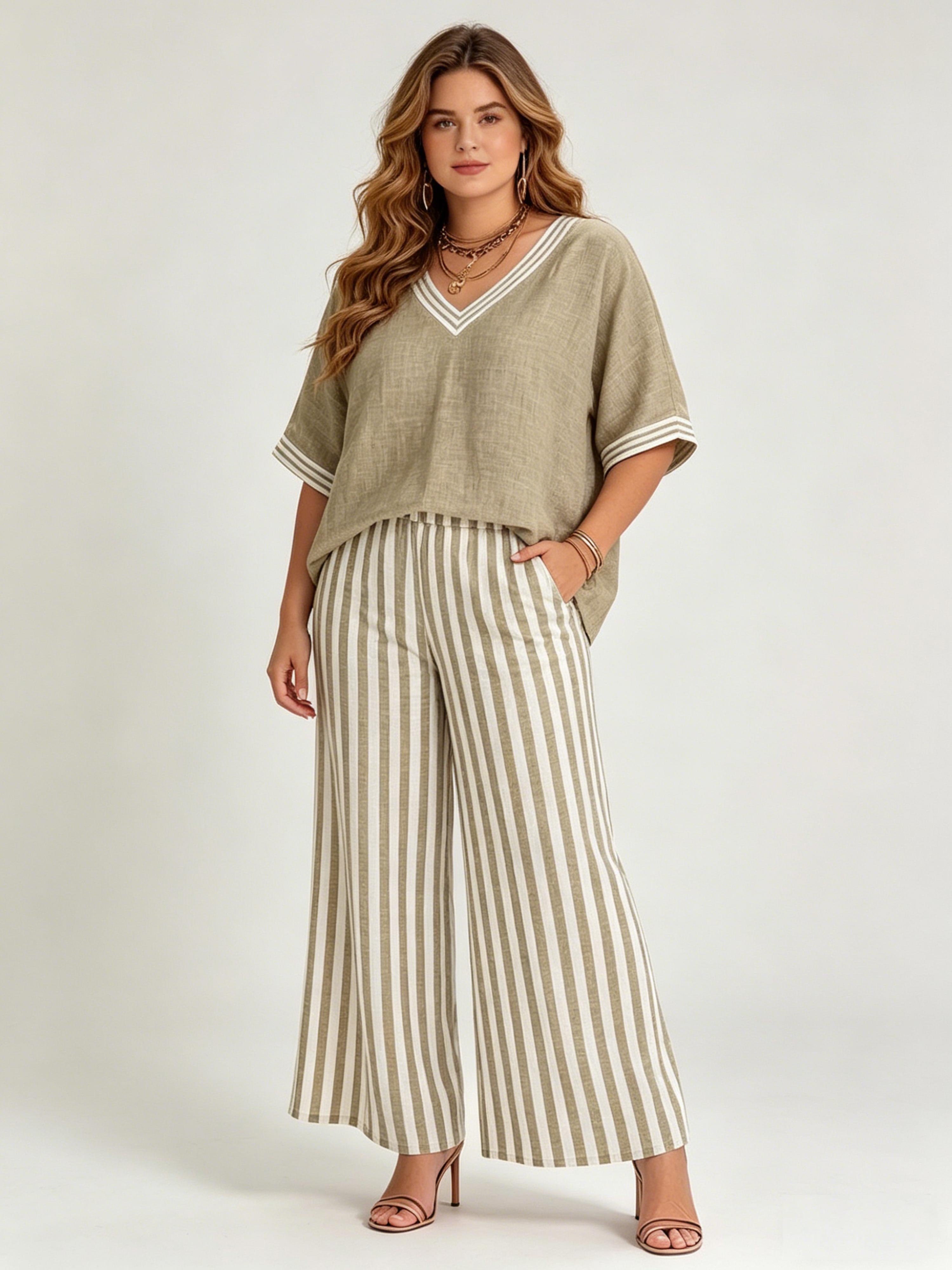 Elegant Cotton-Linen Striped Casual Breathable Set
