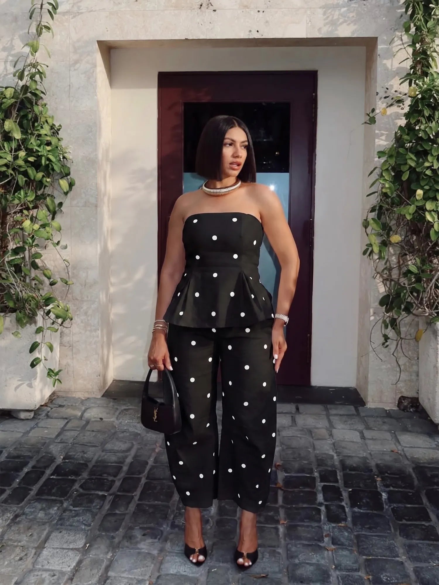 ⚪ Women's Elegant Polka Dot Strapless Peplum Top & Wide-Leg Pants Set