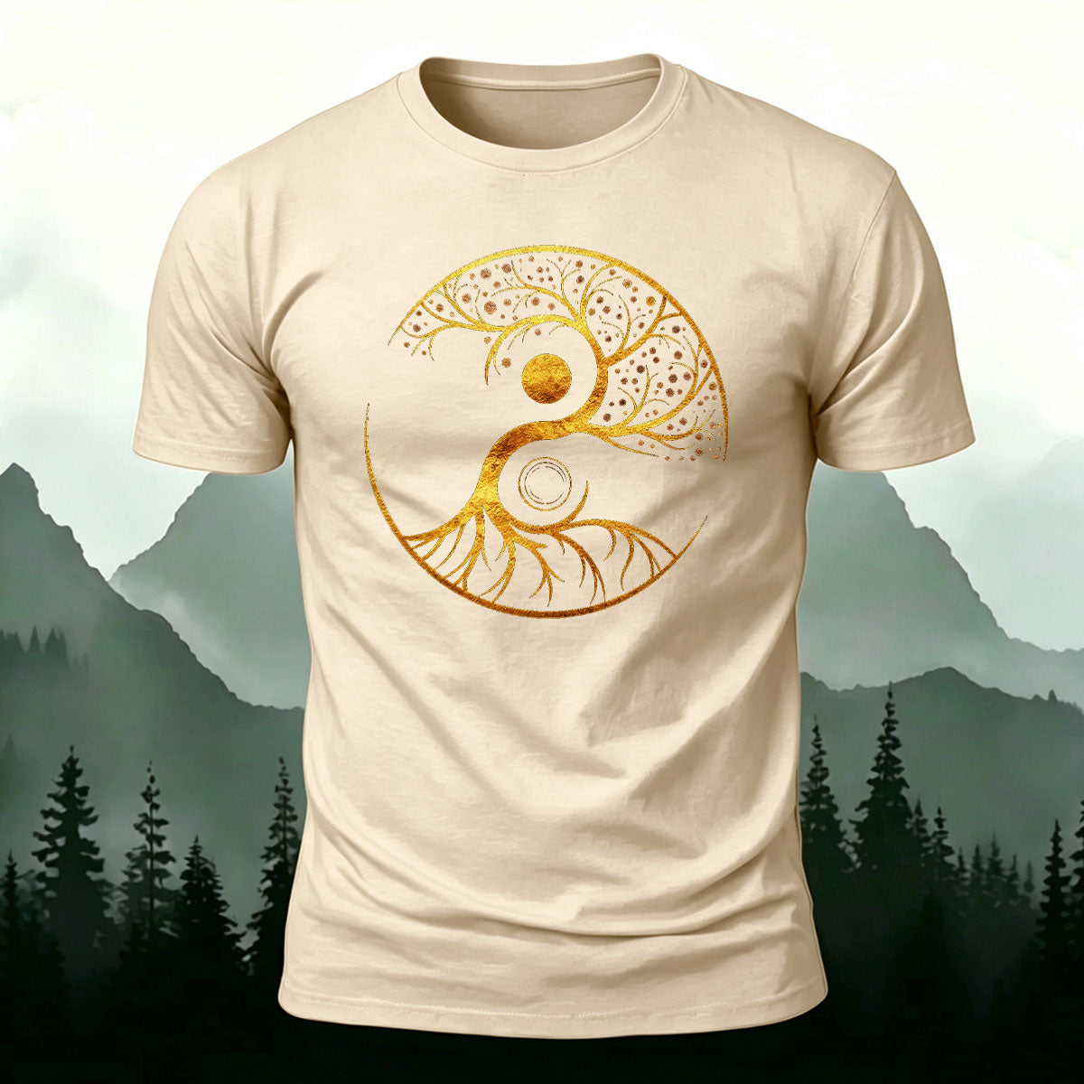 Artistic Graphics Pattern Mountain-Style Cotton T-Shirt