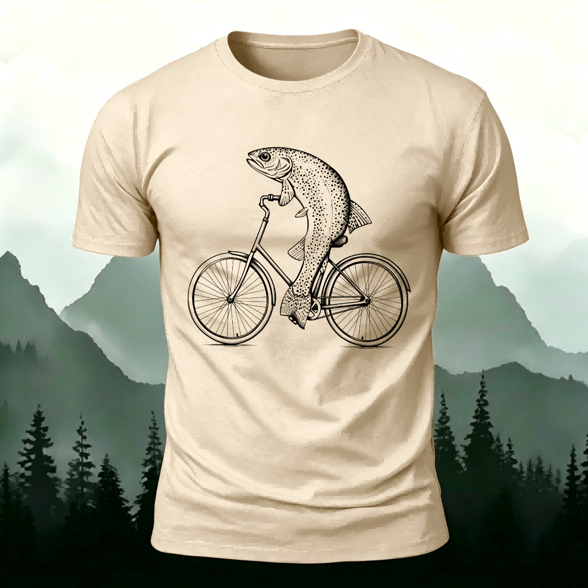 Fish Riding Bicycle Fun Pattern Cotton Casual T-Shirt
