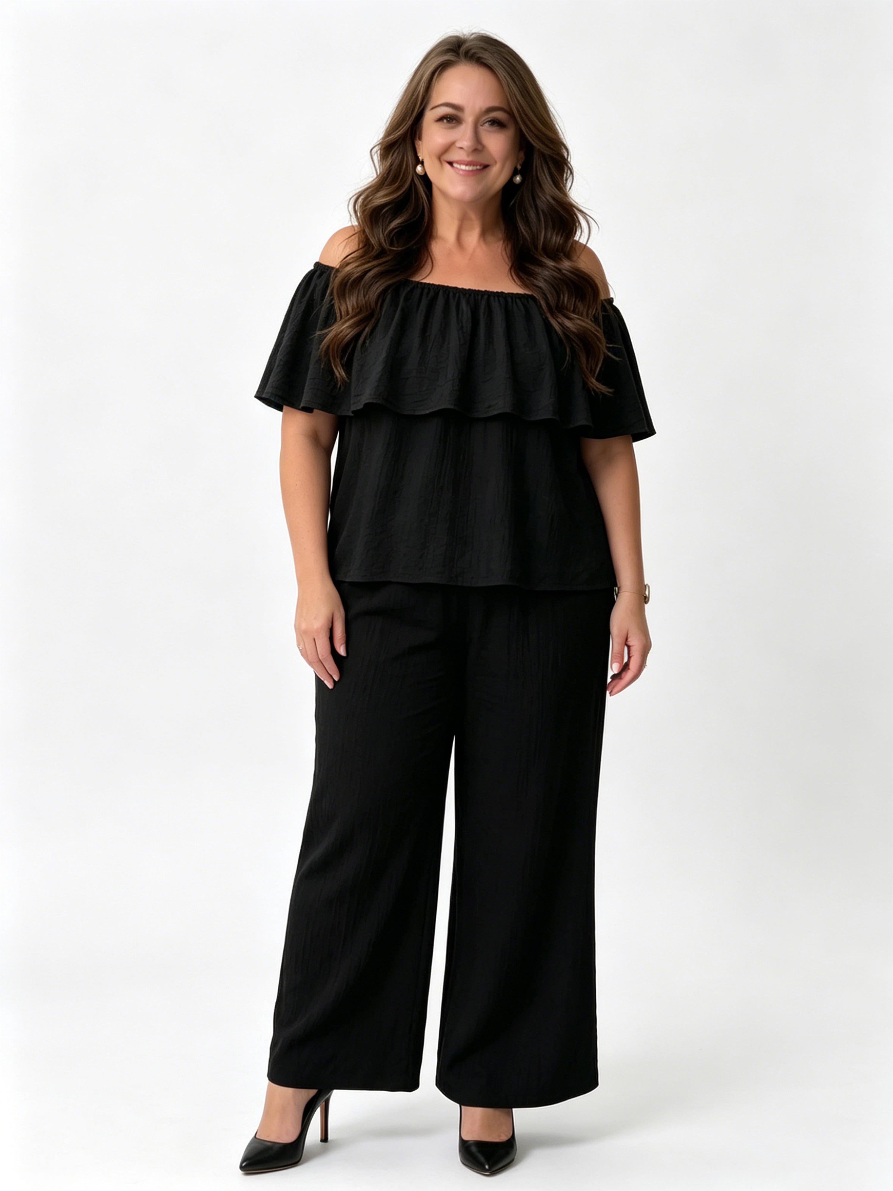 Off-the-shoulder Ruffled Top and Wide-leg Pants Casual Vacation Set