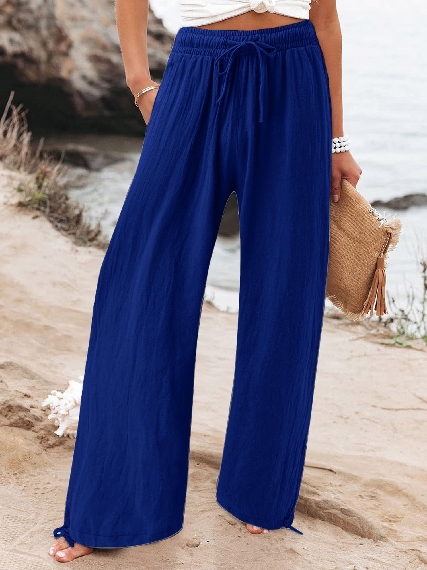 Elastic-Waist Casual Solid-Color Wide-Leg Pants