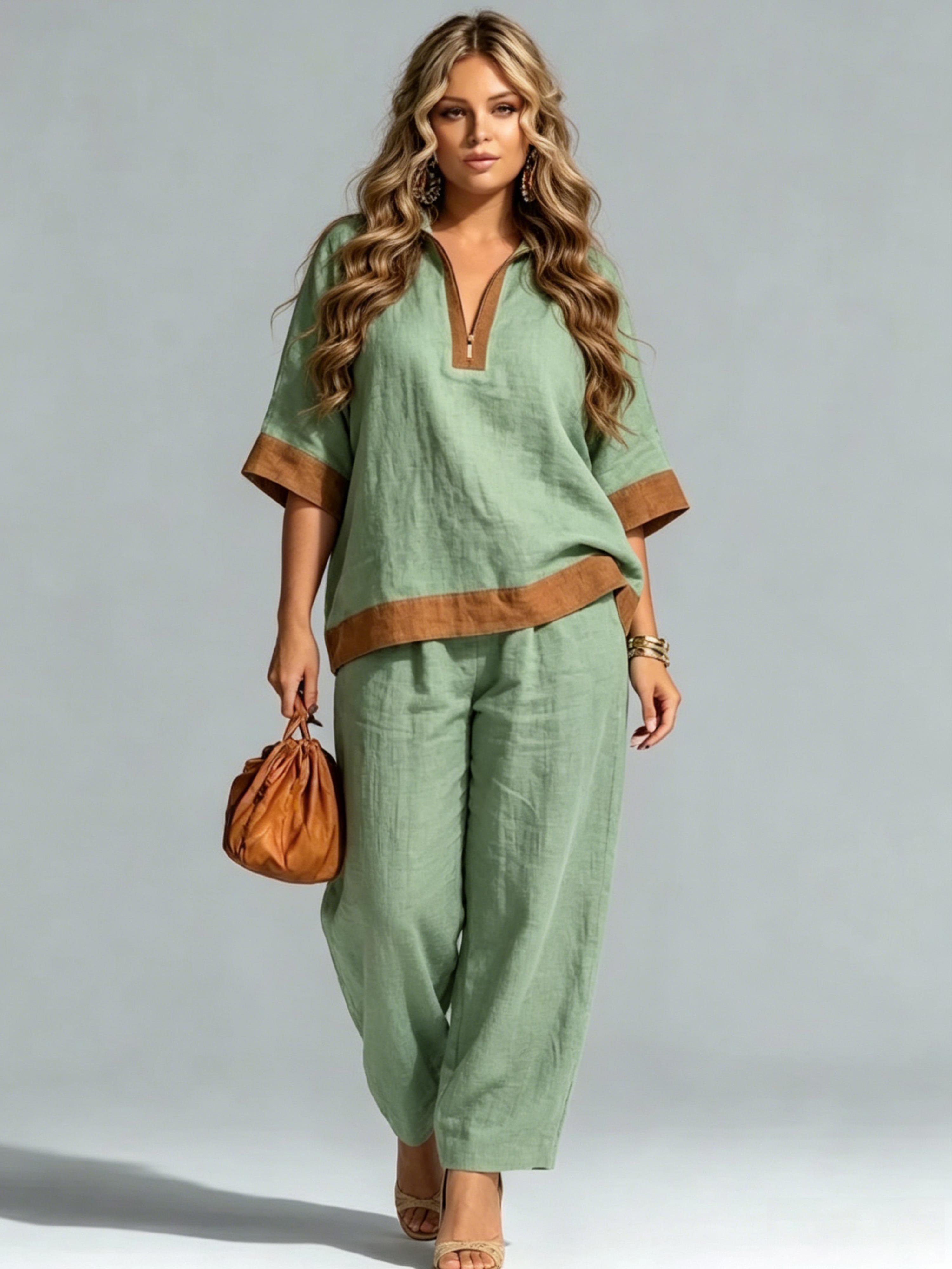 Casual Fashion Color-Blocked Half-Zip Linen-Cotton Set