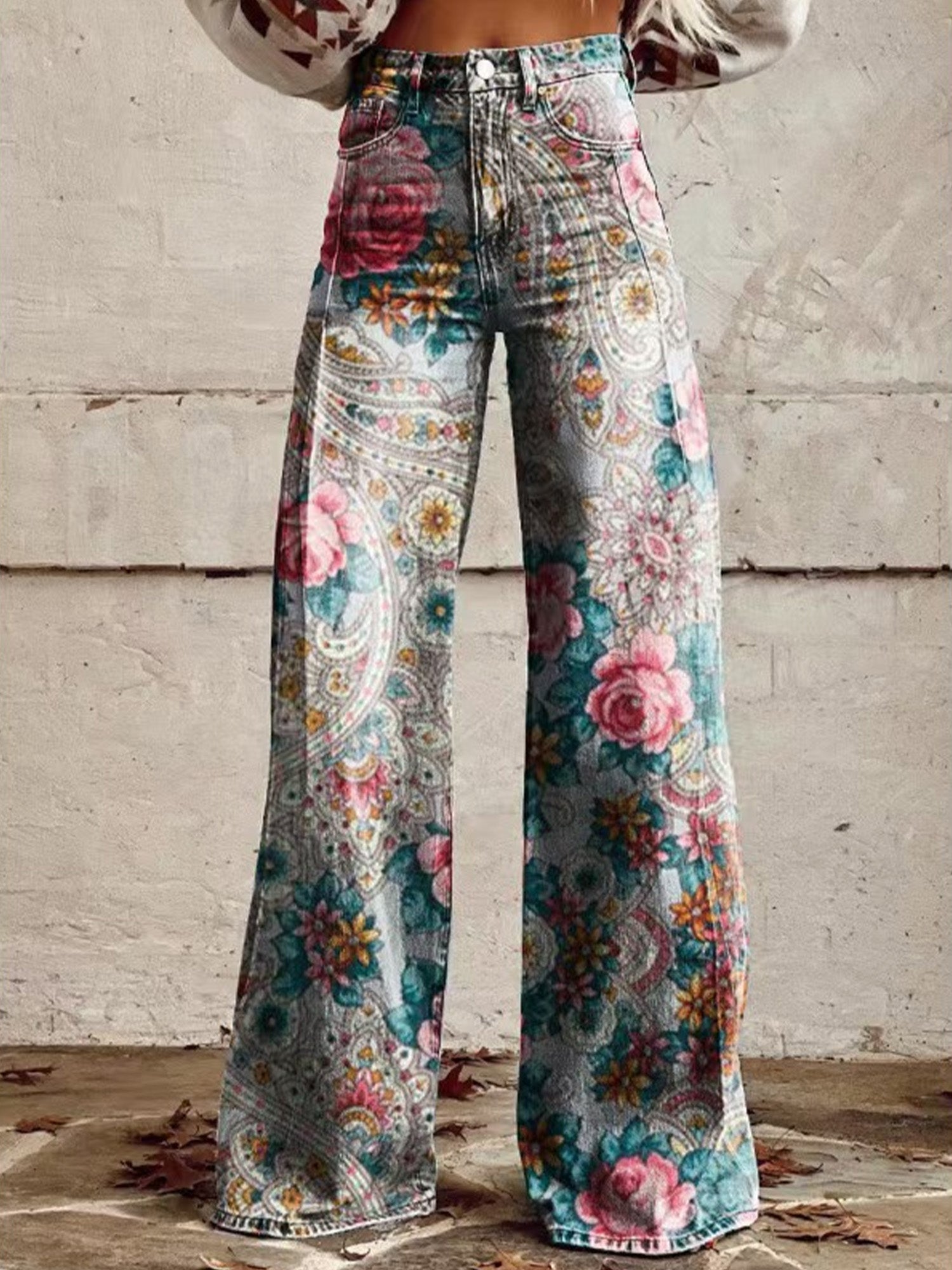 Floral-Print Satin High-Waisted Flowy Loose-Fit Straight-Leg Casual Pants