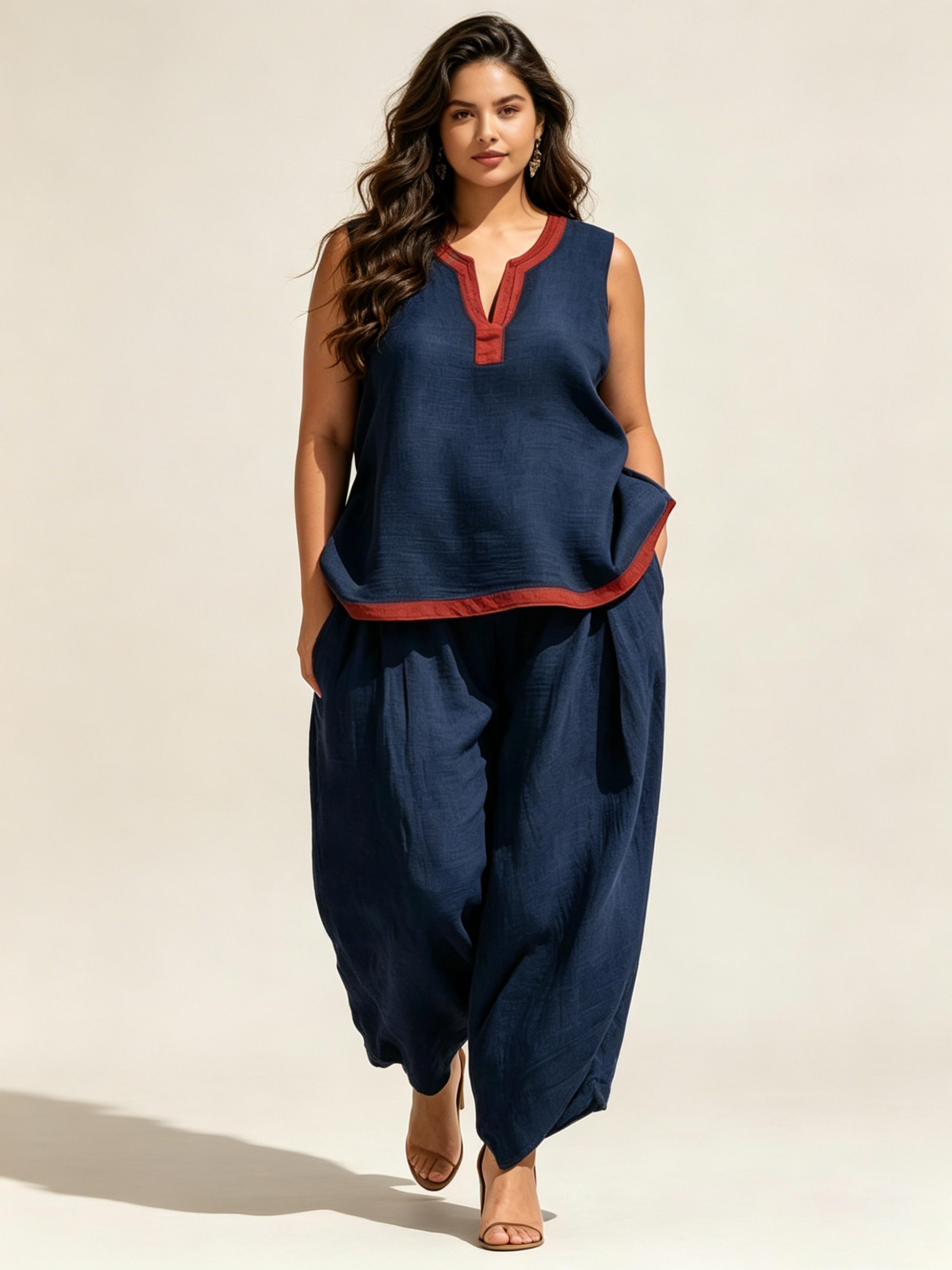 Summer Color-Blocked Cotton-Linen Fashion Two-Piece Set