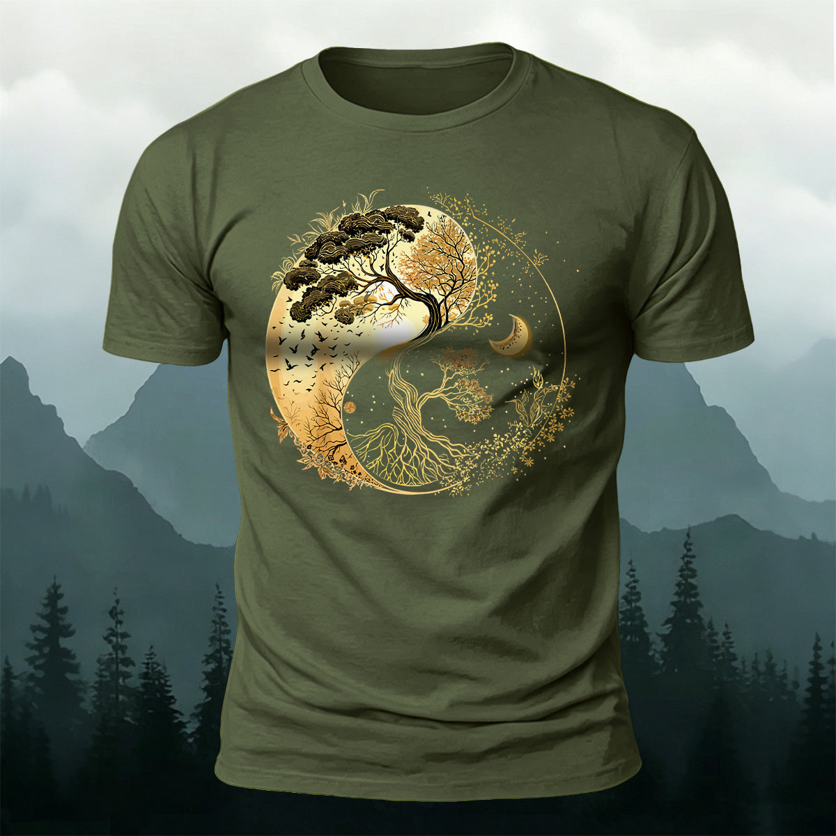 Yin-Yang Tai Chi Tree Design Casual Cotton T-Shirt