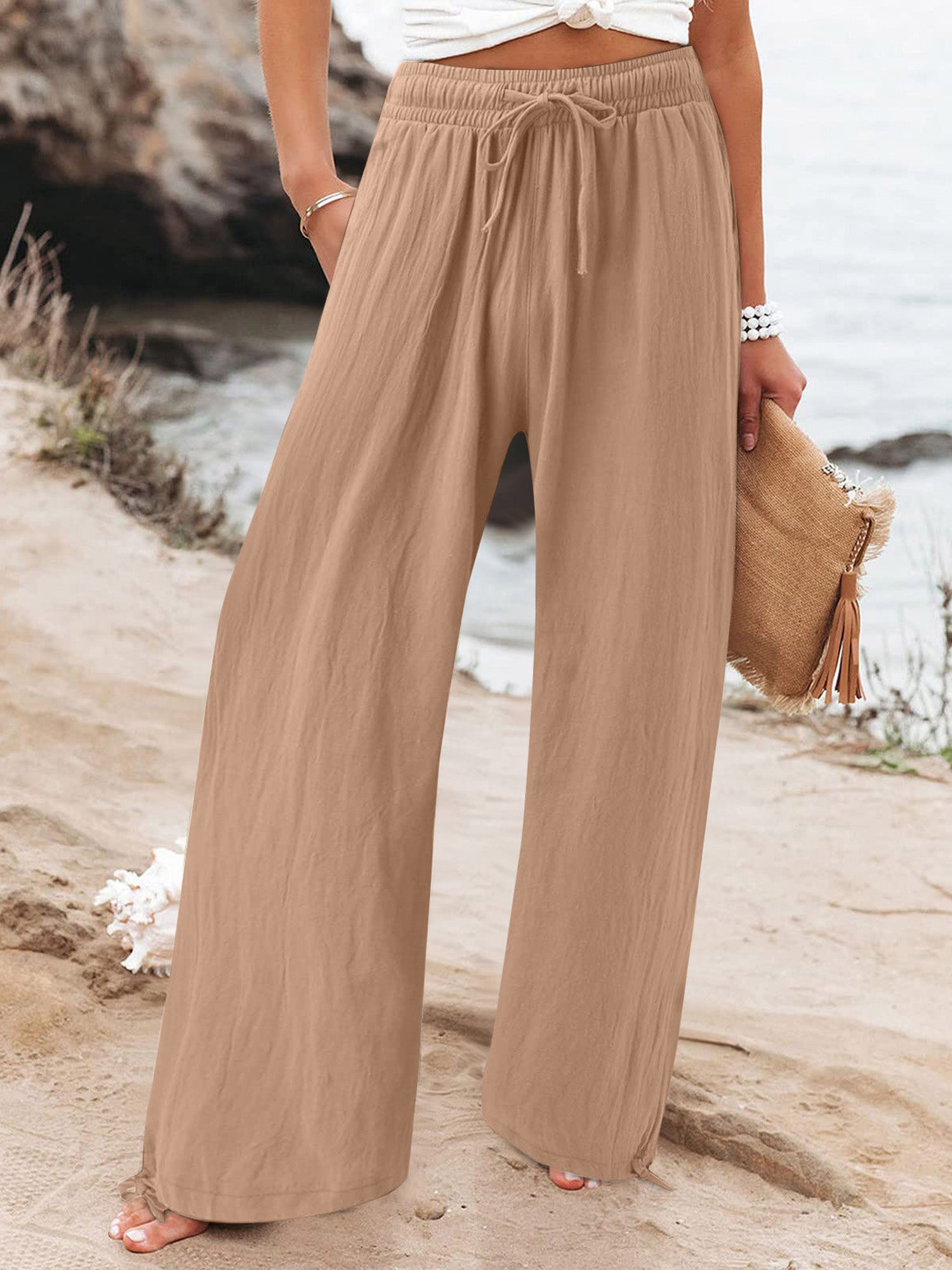 Elastic-Waist Casual Solid-Color Wide-Leg Pants