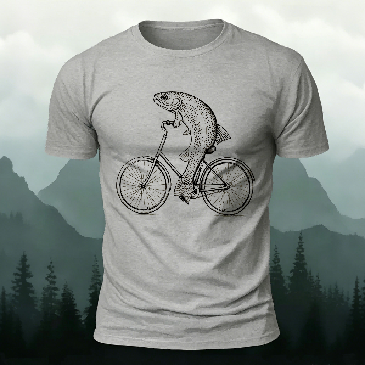 Fish Riding Bicycle Fun Pattern Cotton Casual T-Shirt
