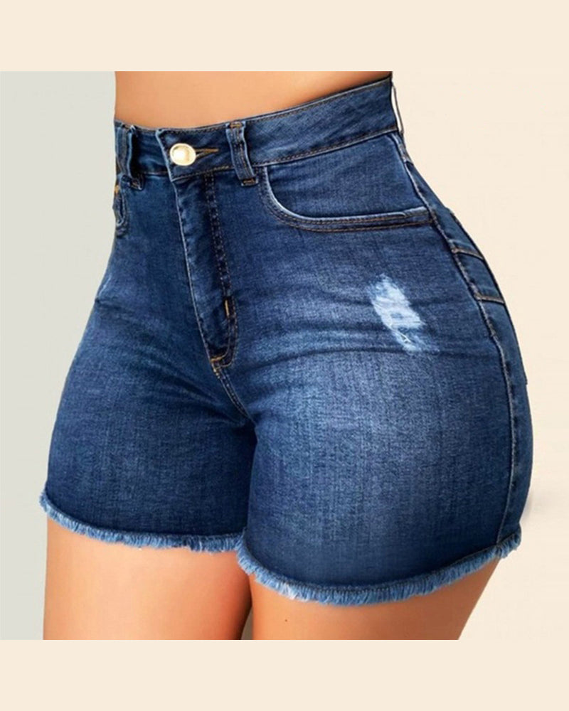 Women's Casual Frayed Hem Stretch Denim Shorts