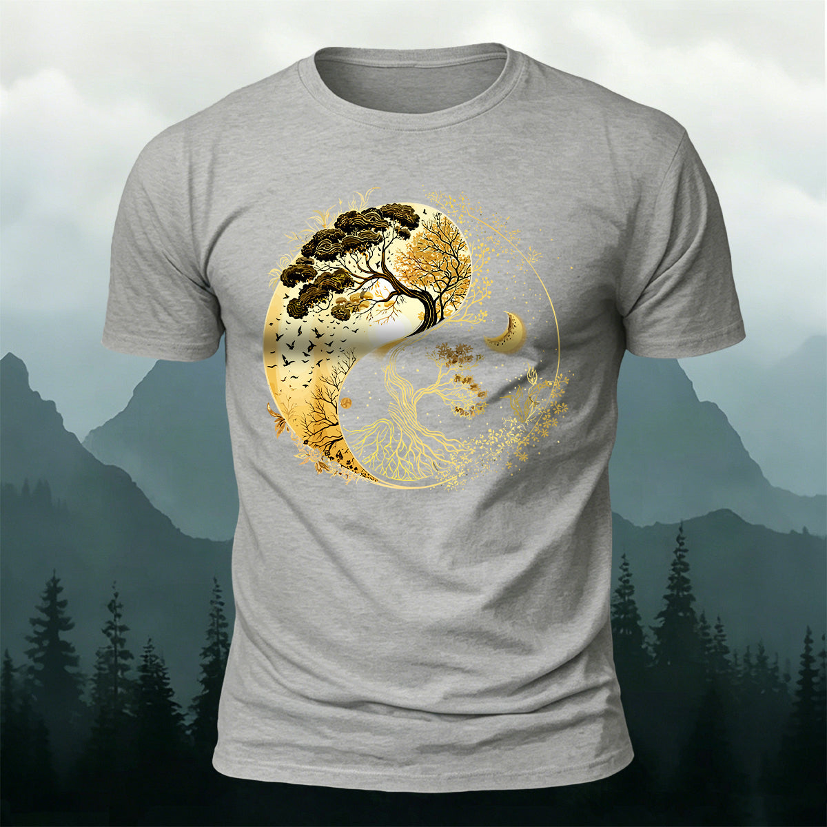 Yin-Yang Tai Chi Tree Design Casual Cotton T-Shirt