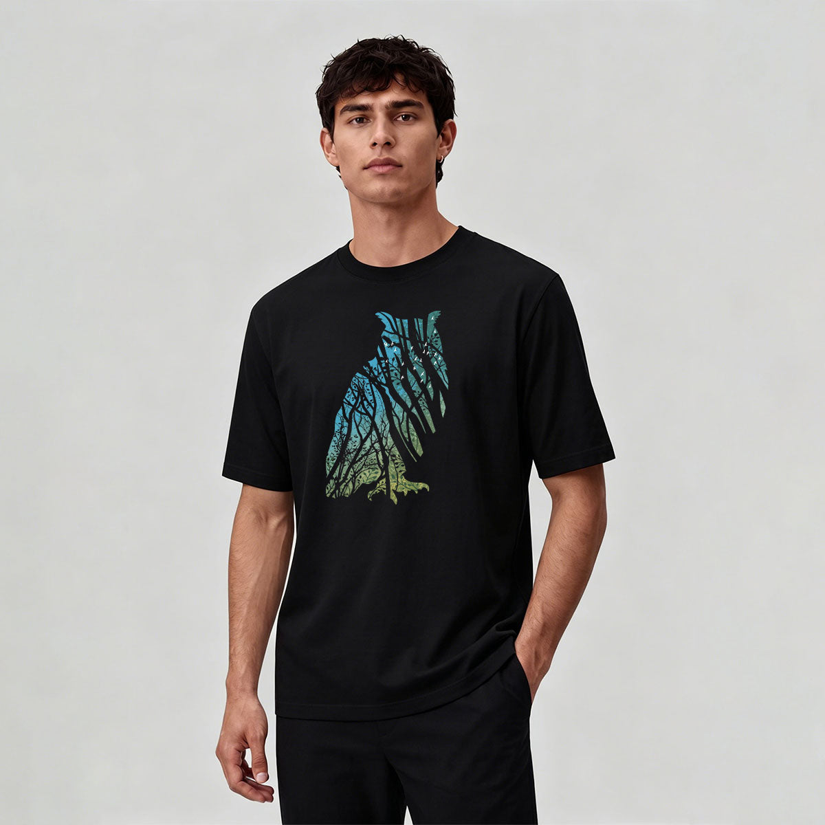 Tech Owl Art Print Casual Cotton T-Shirt