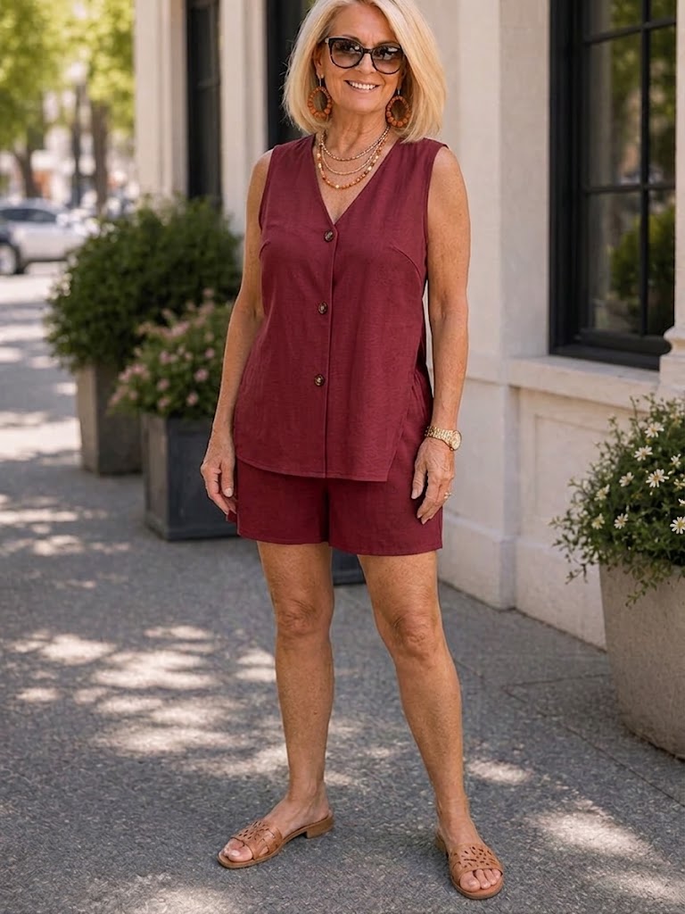 Solid-Color Cotton-Linen Women's Cardigan Vest and Shorts Set