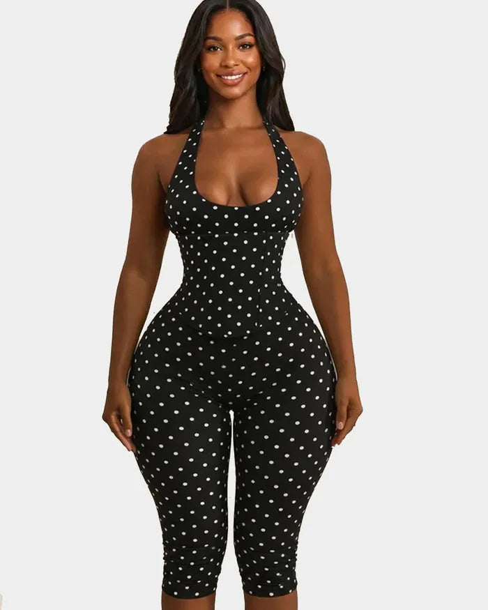 Sexy Halter-Neck Polka Dot Waist-Cinching Shapewear And Capri Legging