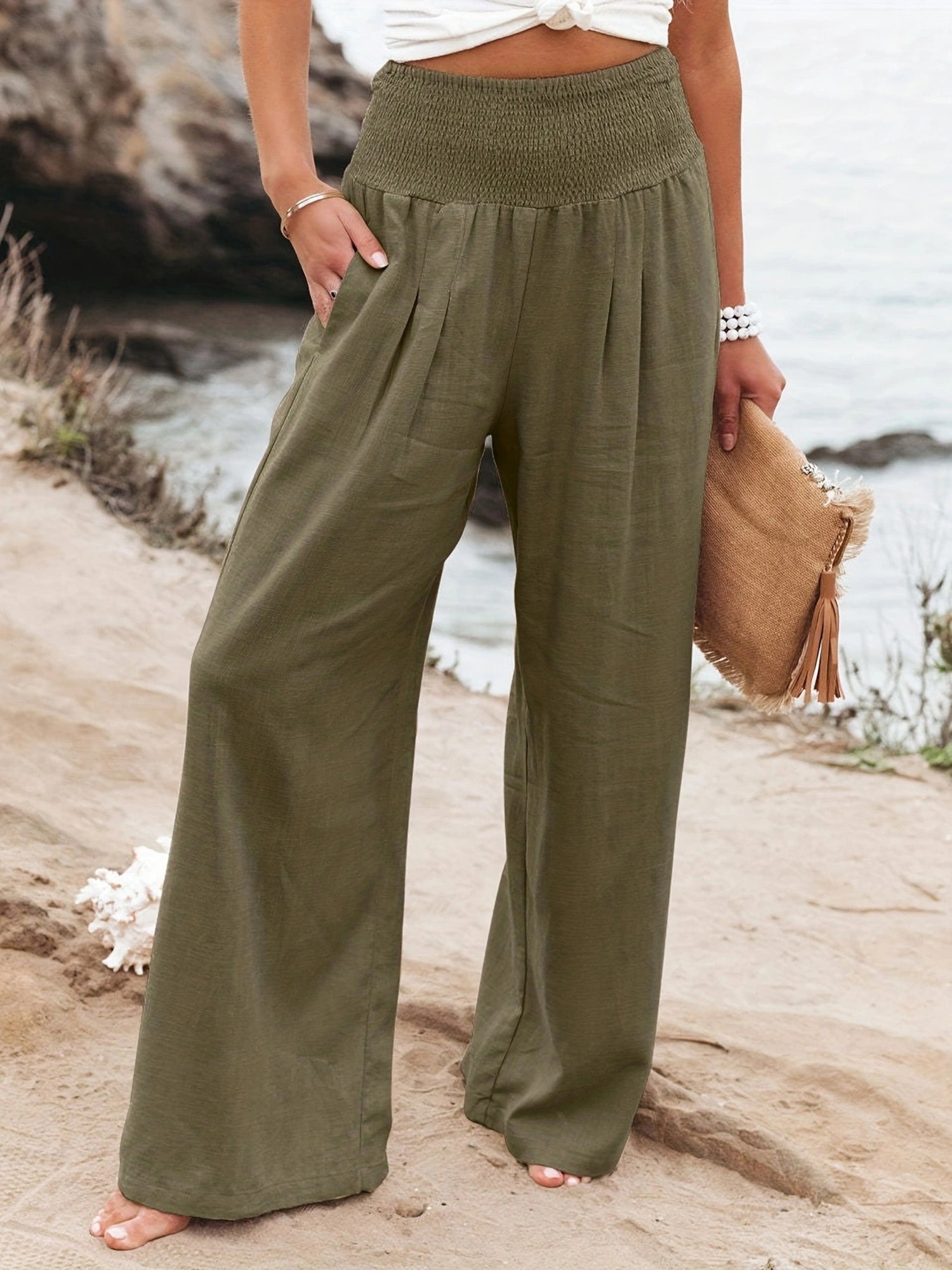 Women Cotton Linen Comfort Casual Mid Rise Pants