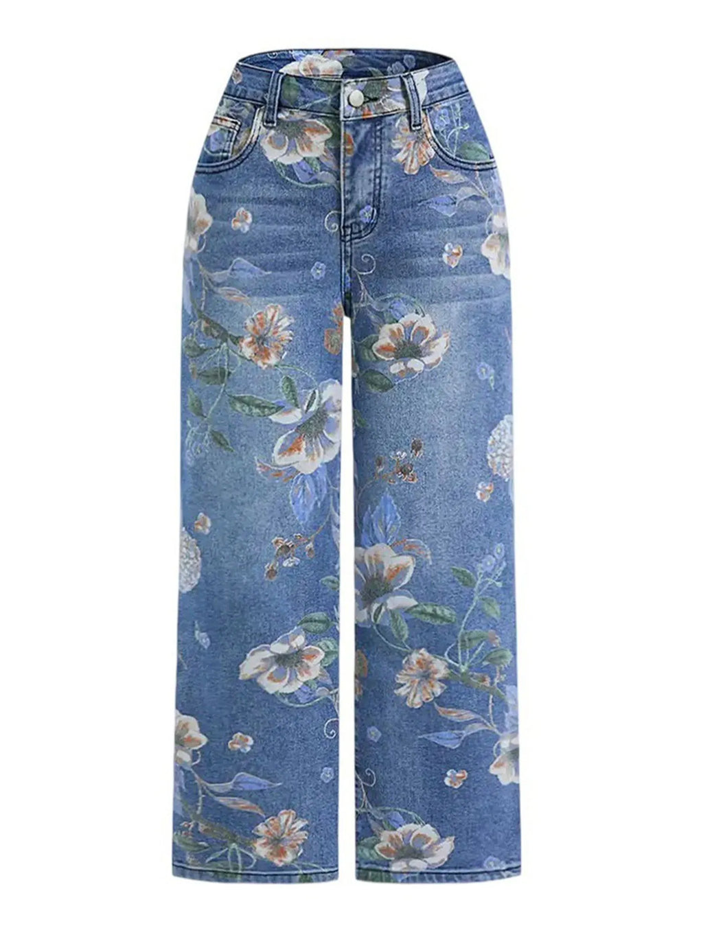 Women Floral Print Wide Leg Straight Denim Jeans
