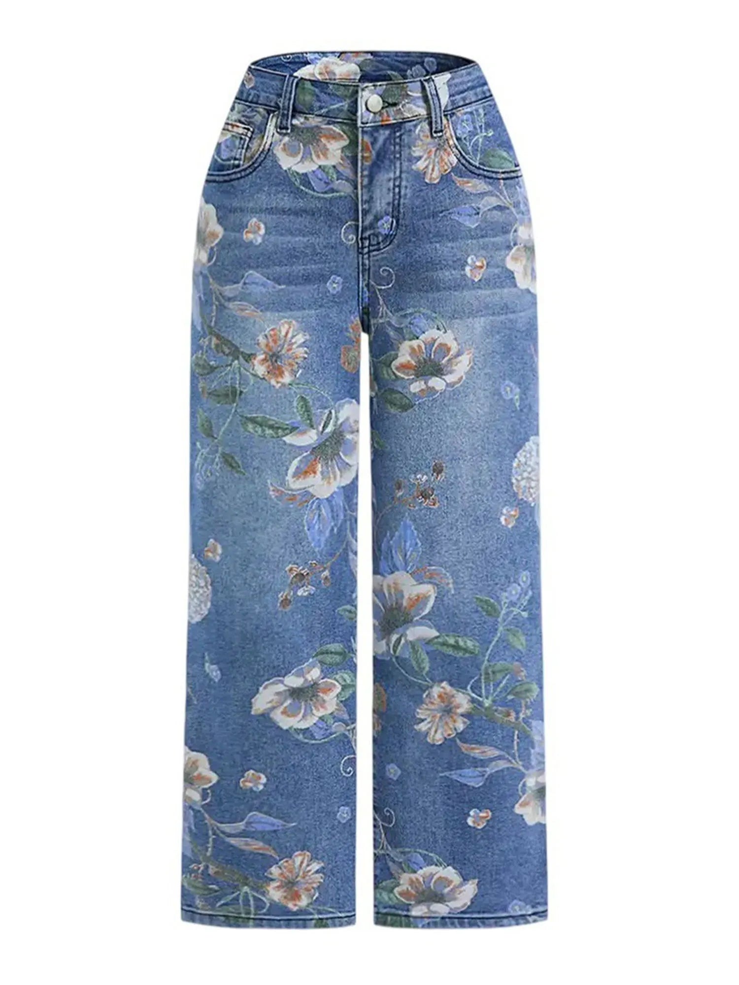 Women Floral Print Wide Leg Straight Denim Jeans
