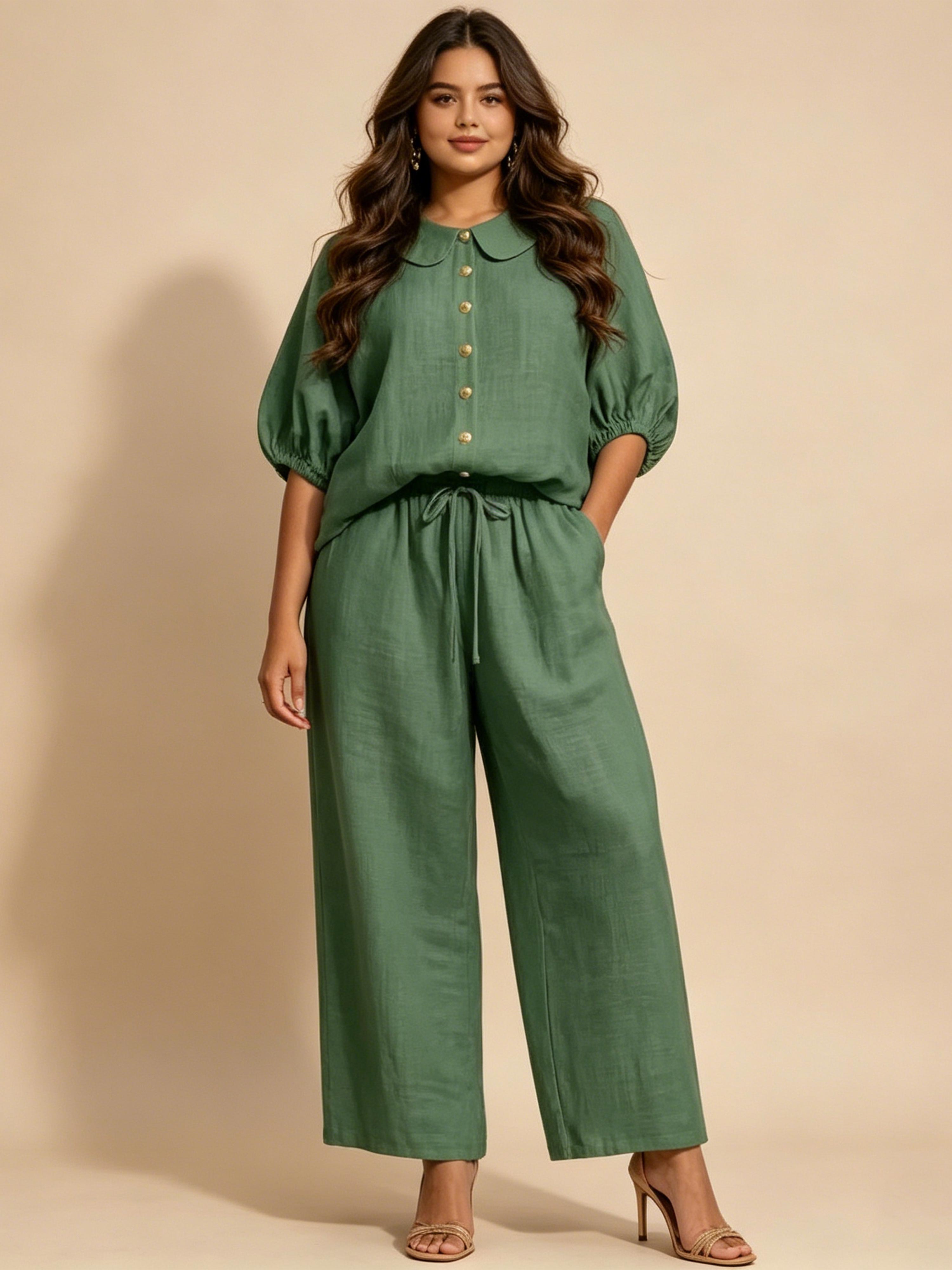 Fashionable Cotton-Linen Bell-Sleeve Shirt and Pants Set