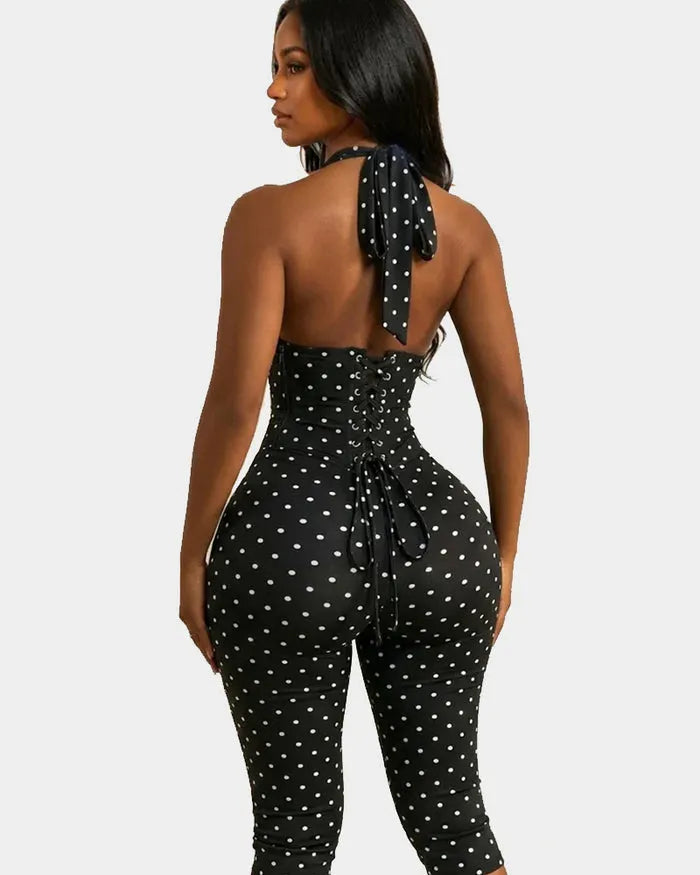 Sexy Halter-Neck Polka Dot Waist-Cinching Shapewear And Capri Legging