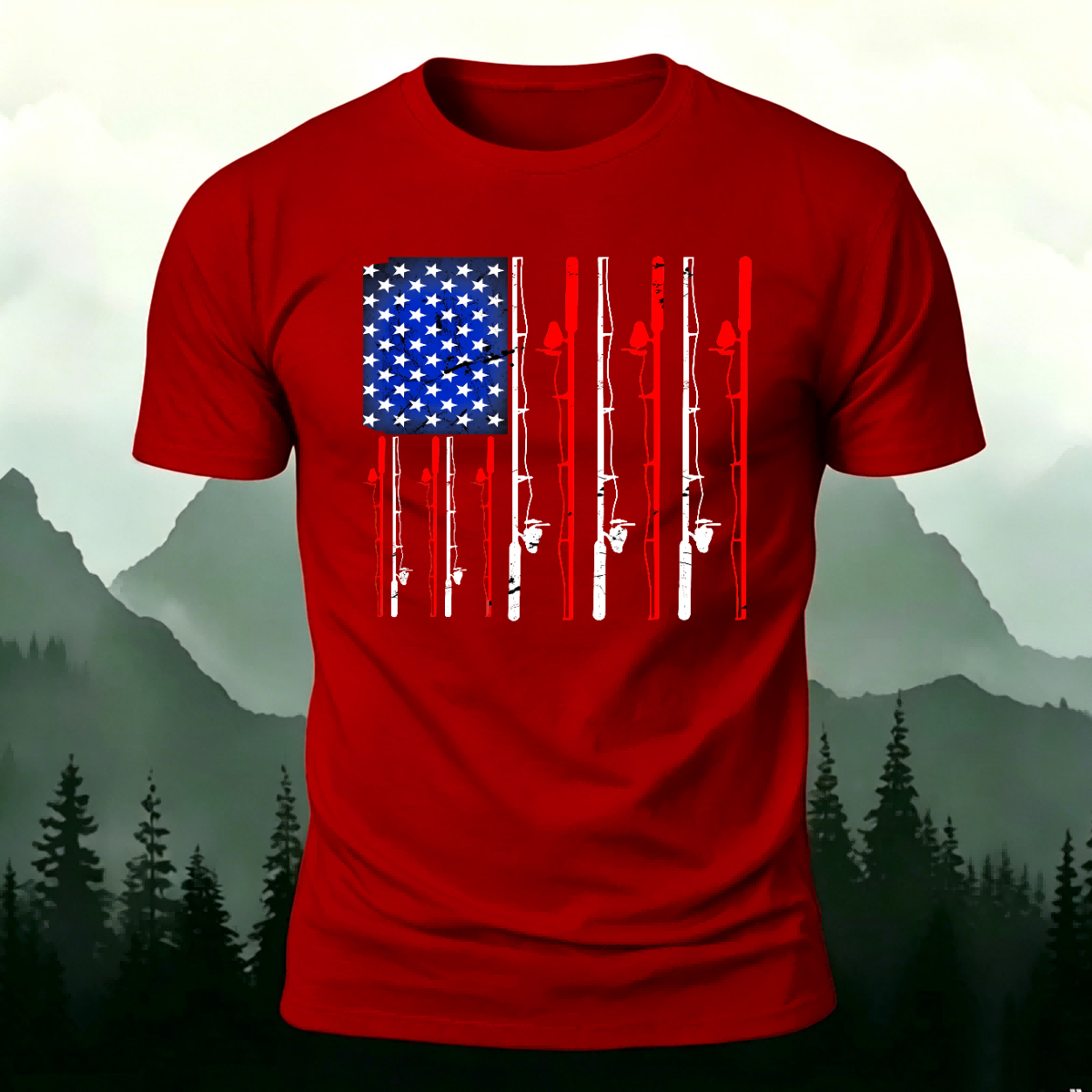 American-style Fishing Rod Pattern Cotton T-shirt