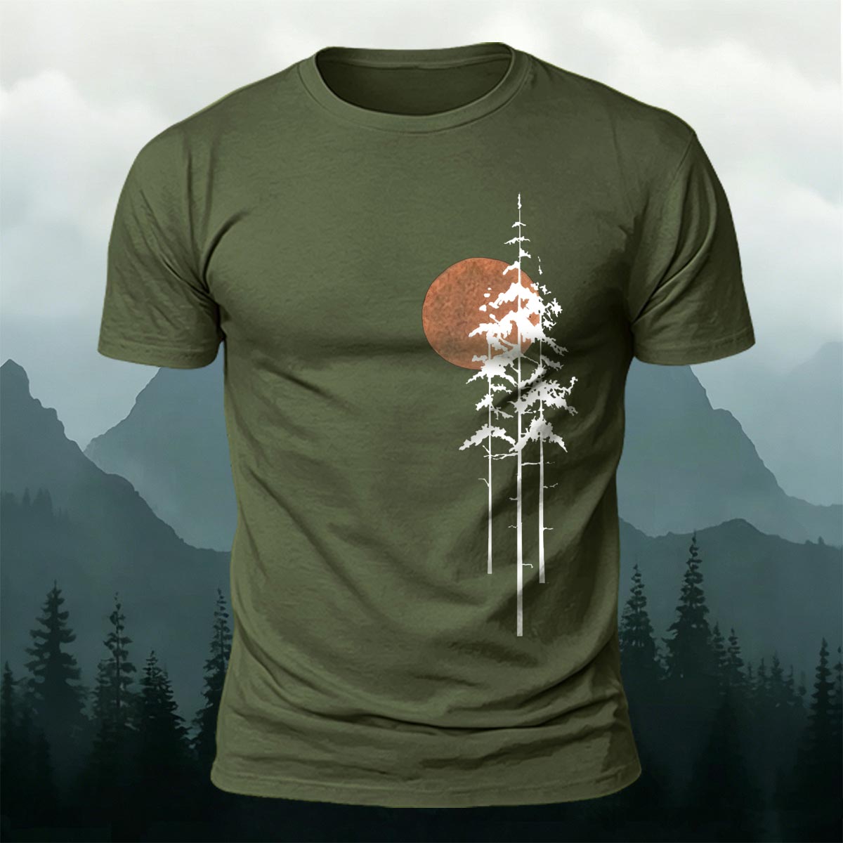 Retro Sunset Pine Tree Print Cotton T-Shirt