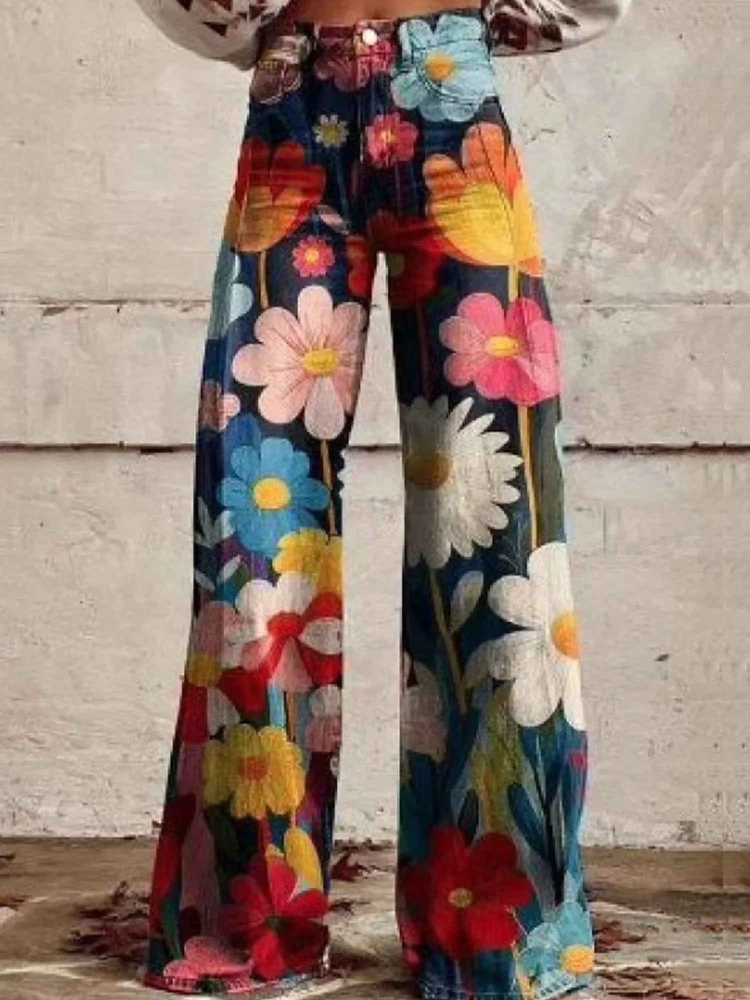 Floral-Print Satin High-Waisted Flowy Loose-Fit Straight-Leg Casual Pants